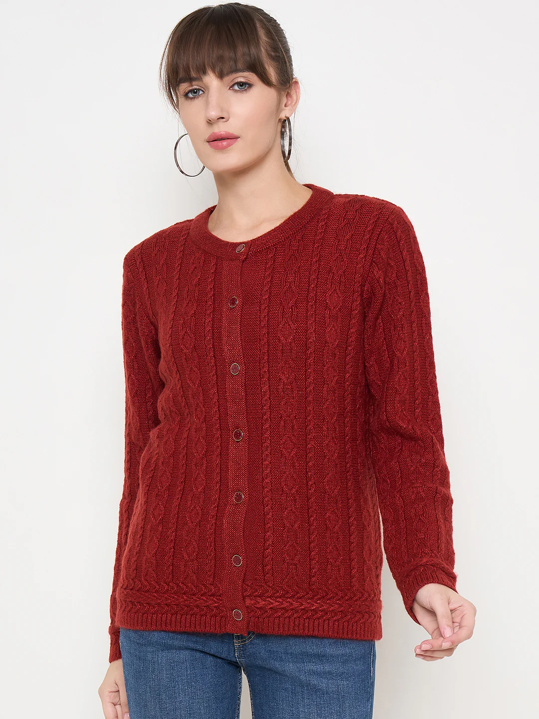 Madame Self Design Crew Neck Rust Cardigan - Image 3