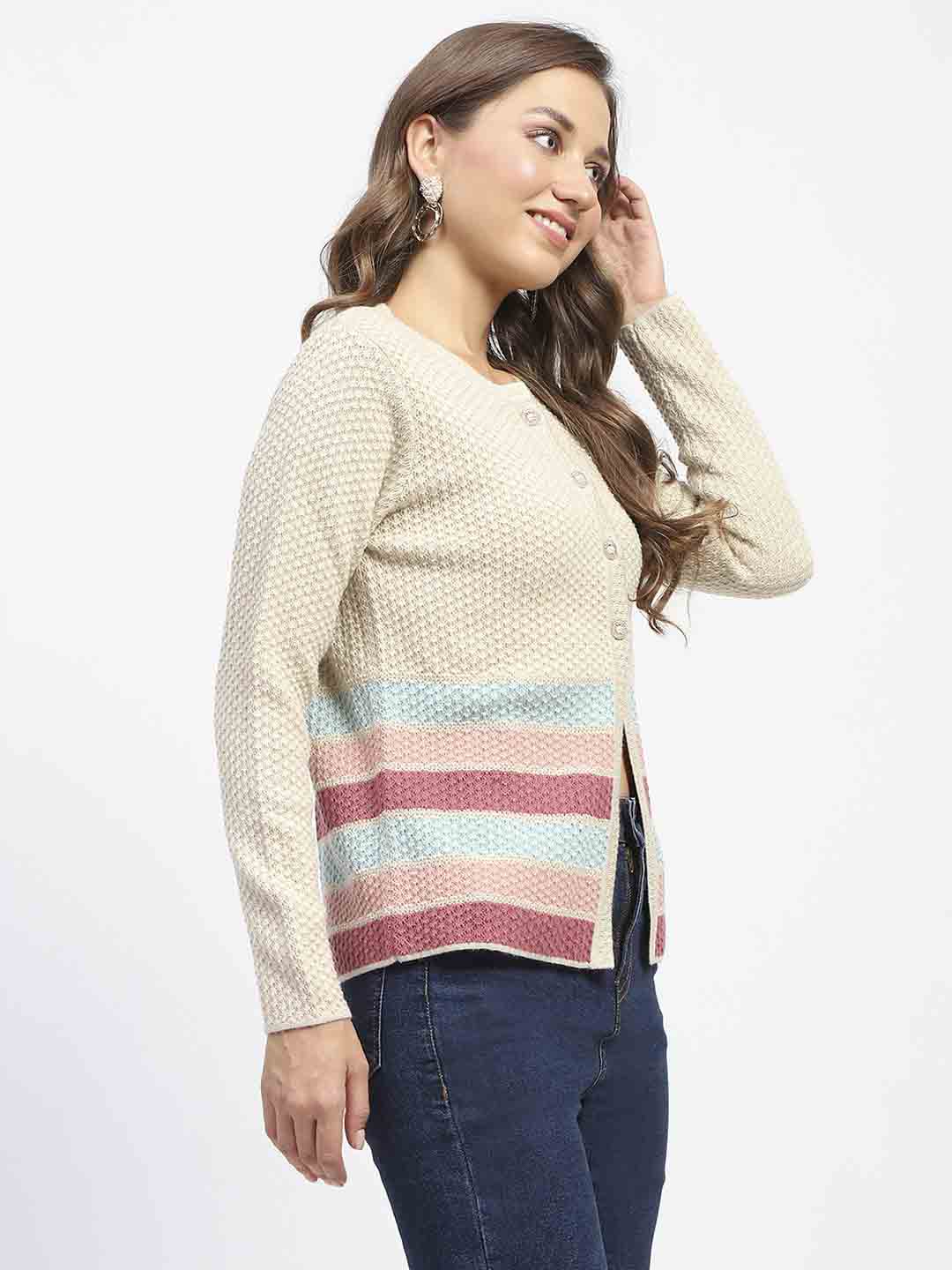 Madame Beige Striped Buttoned Cardigan - Image 6