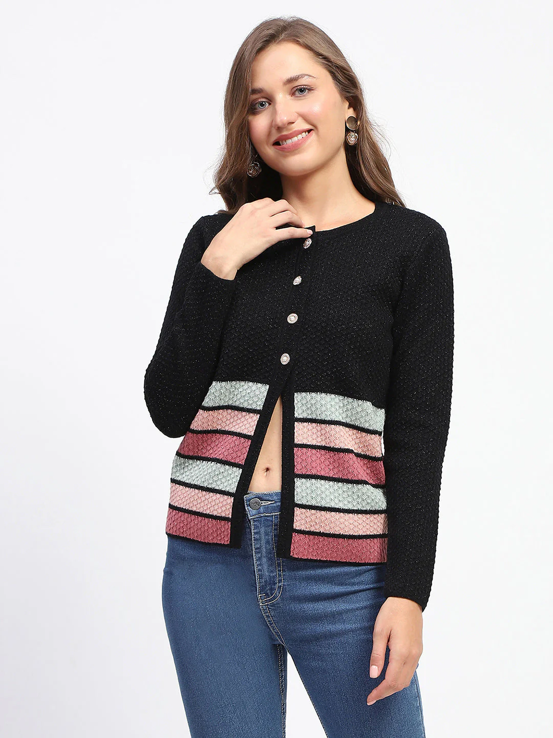 Madame Black Striped Buttoned Cardigan - Image 3