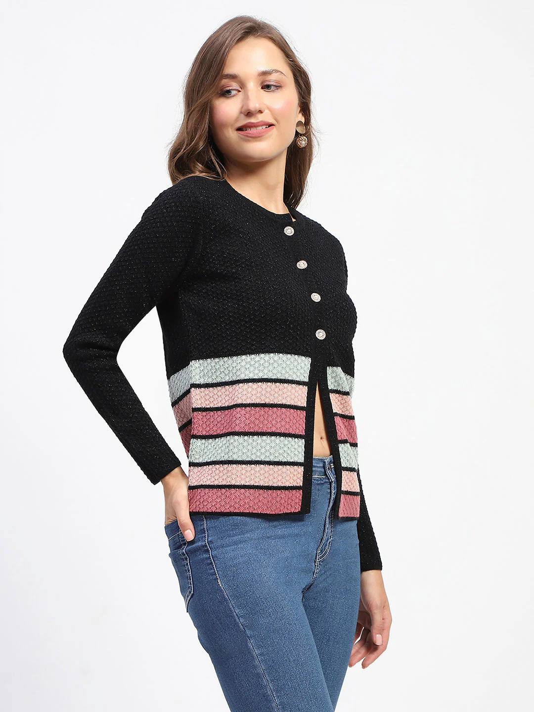 Madame Black Striped Buttoned Cardigan - Image 4