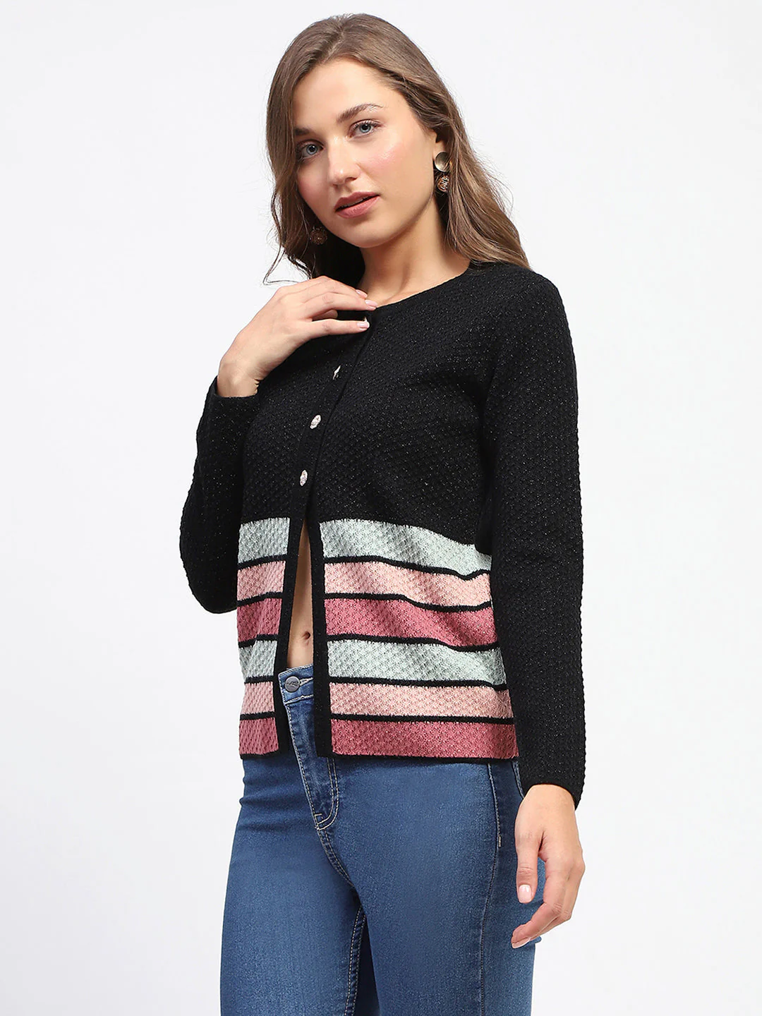 Madame Black Striped Buttoned Cardigan - Image 5