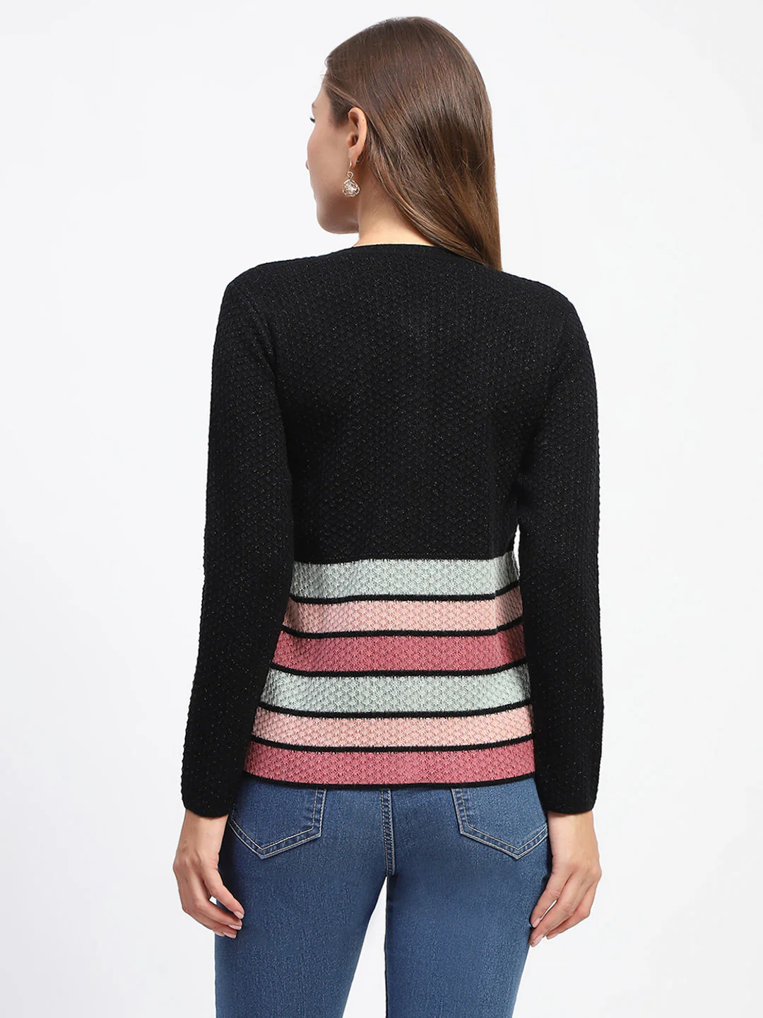 Madame Black Striped Buttoned Cardigan - Image 6