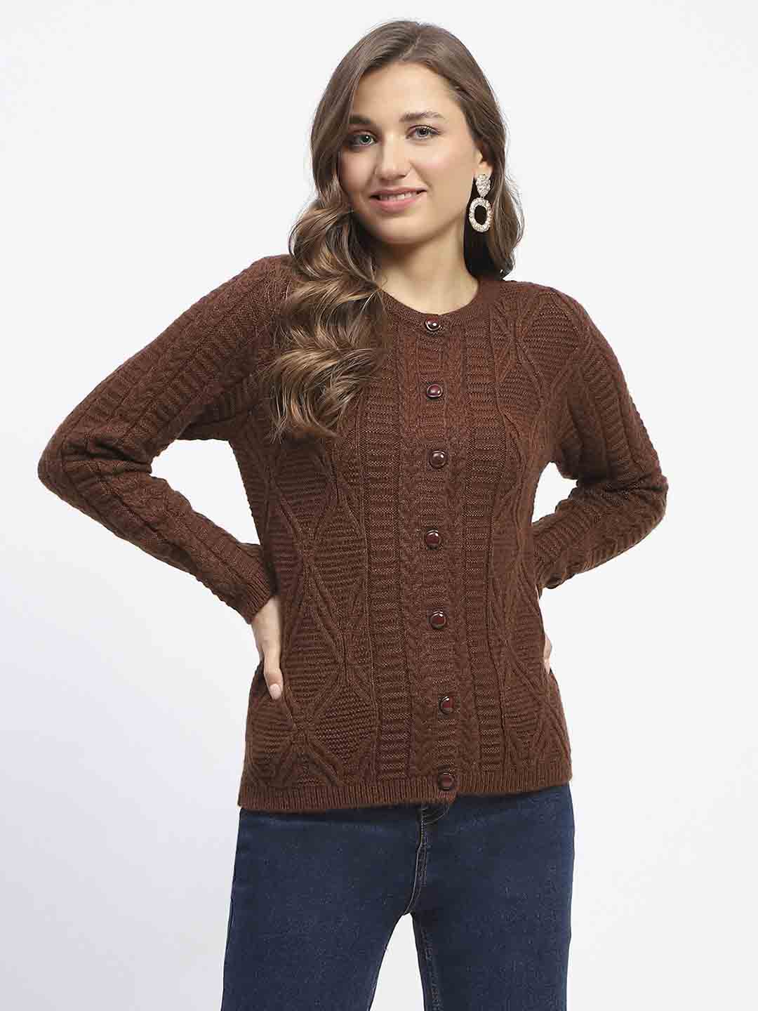Madame Ribbed Cuff Geometric Pattern Brown Cardigan - Image 3