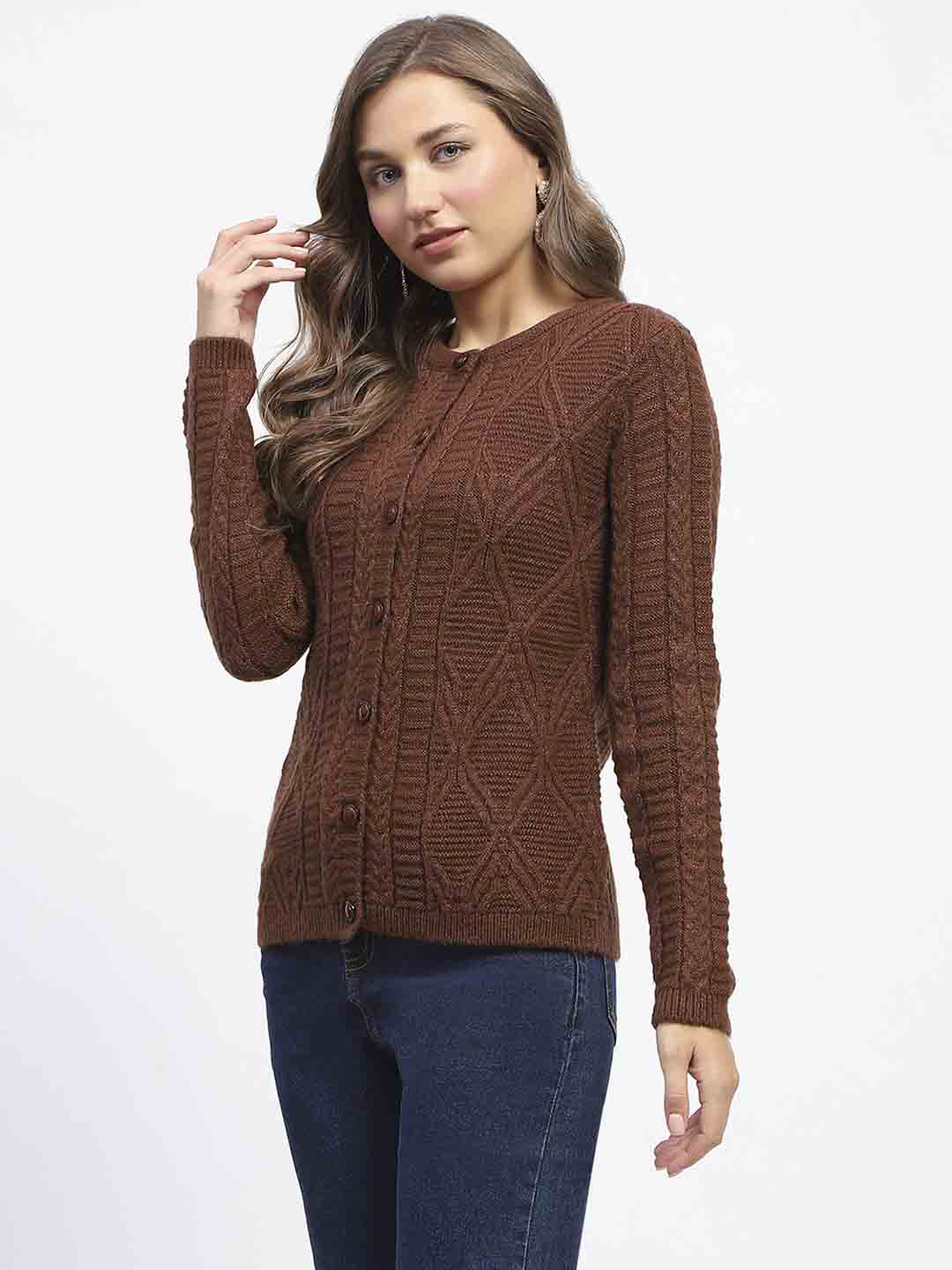 Madame Ribbed Cuff Geometric Pattern Brown Cardigan - Image 5
