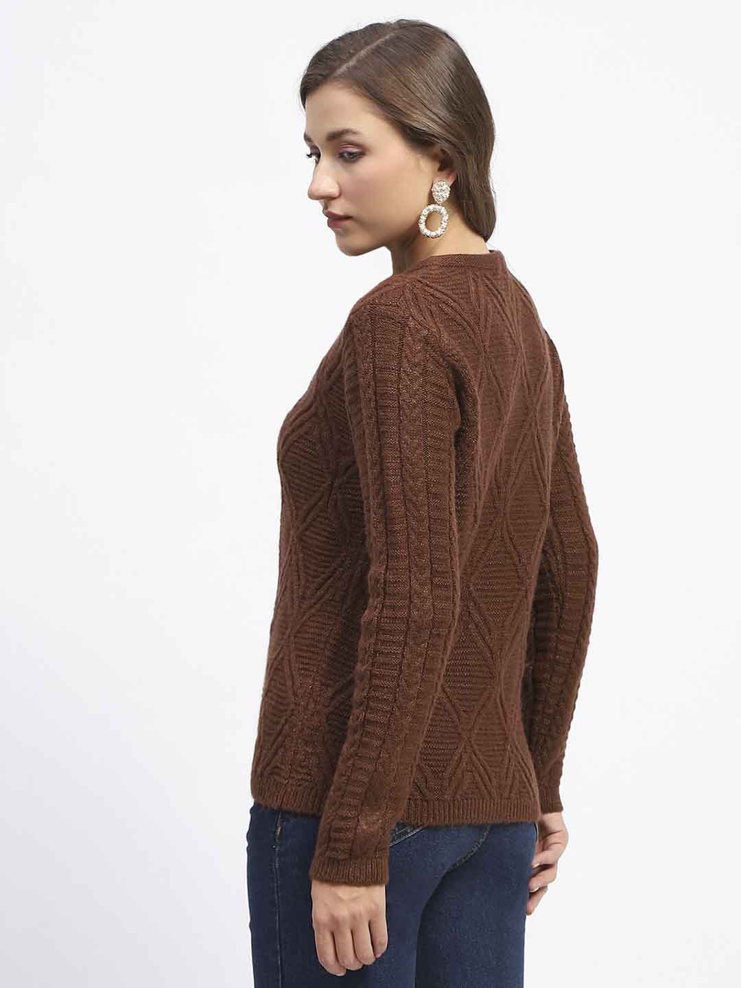 Madame Ribbed Cuff Geometric Pattern Brown Cardigan - Image 6