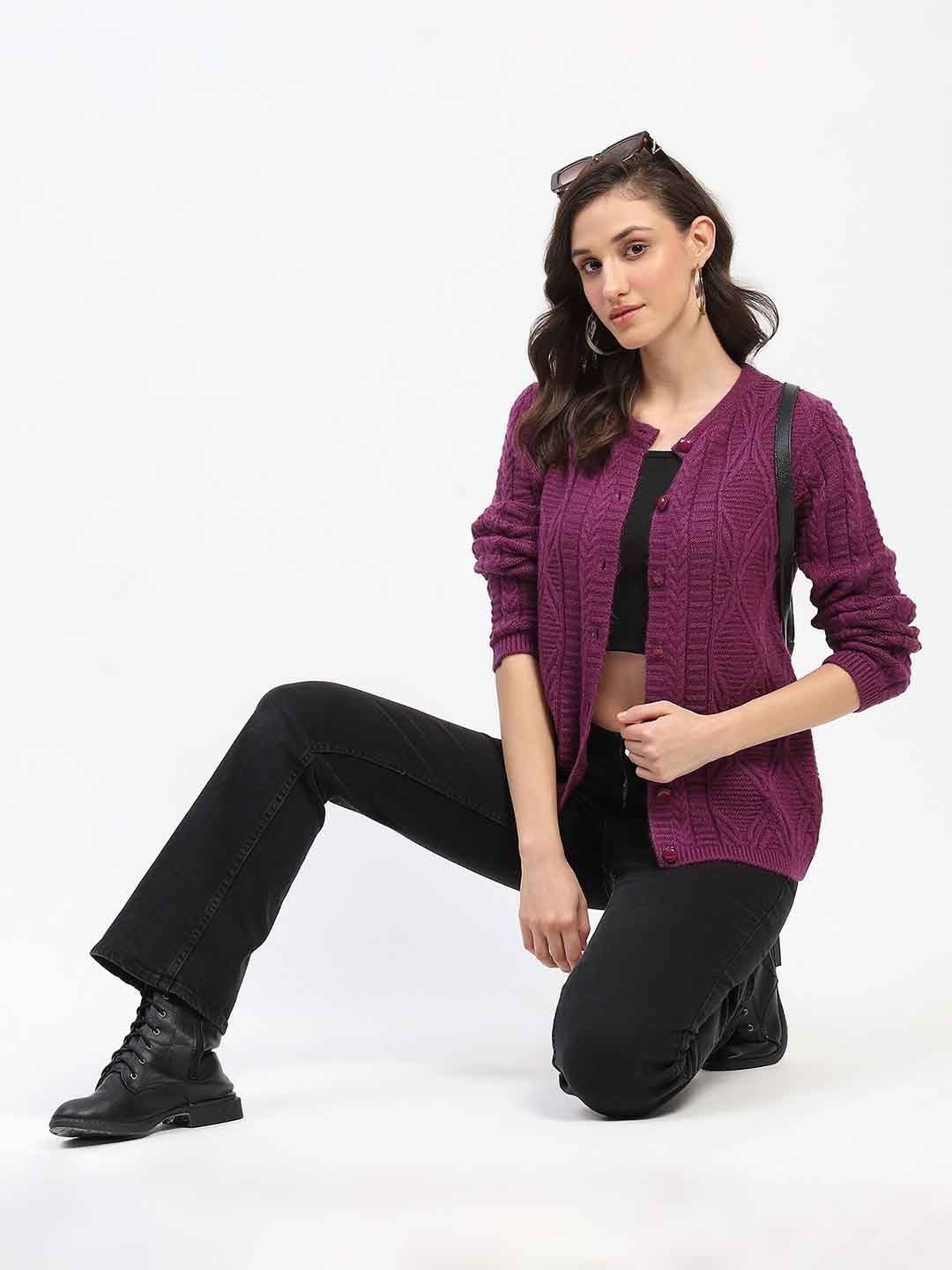 Madame Round Neck Button Down Plum Cardigan - Image 2