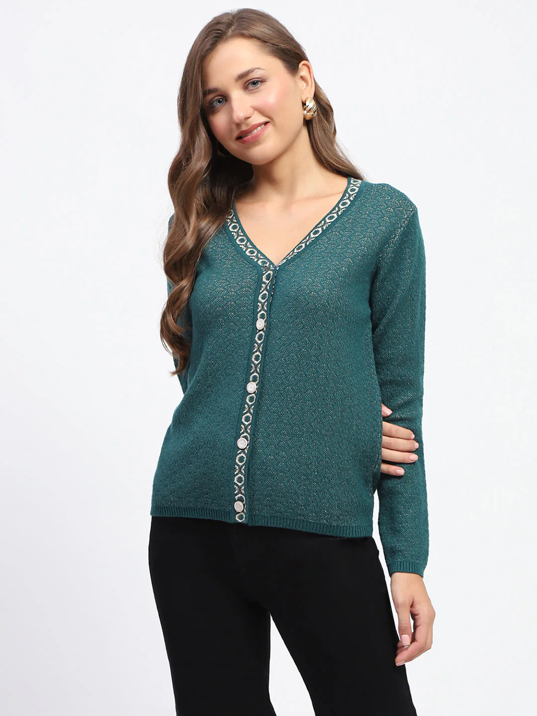 Madame Geometric Pattern V Neck Green Cardigan - Image 2