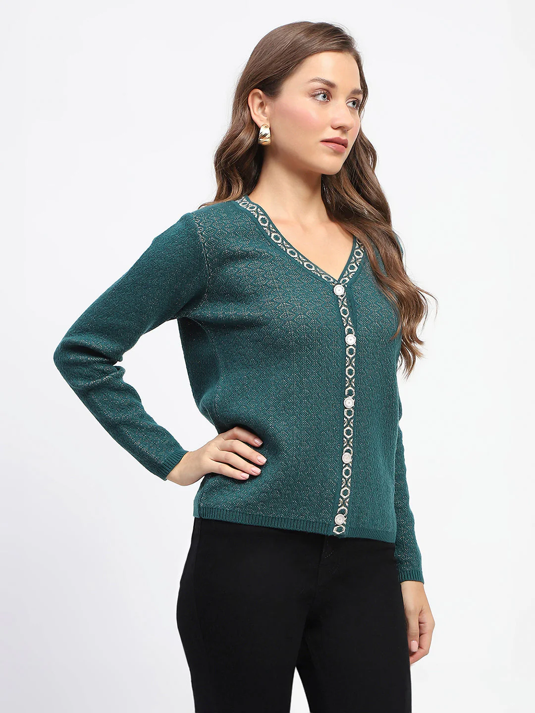 Madame Geometric Pattern V Neck Green Cardigan - Image 3