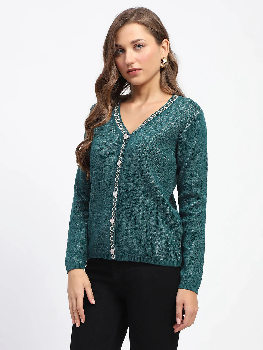 Madame Geometric Pattern V Neck Green Cardigan - Image 4