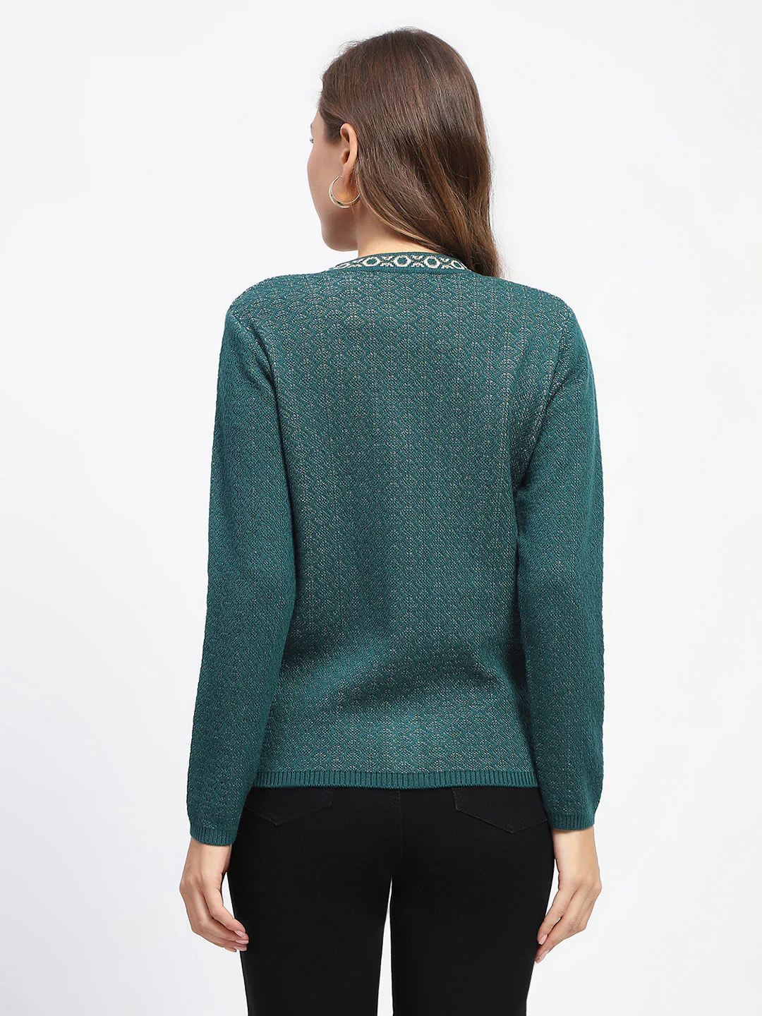 Madame Geometric Pattern V Neck Green Cardigan - Image 5