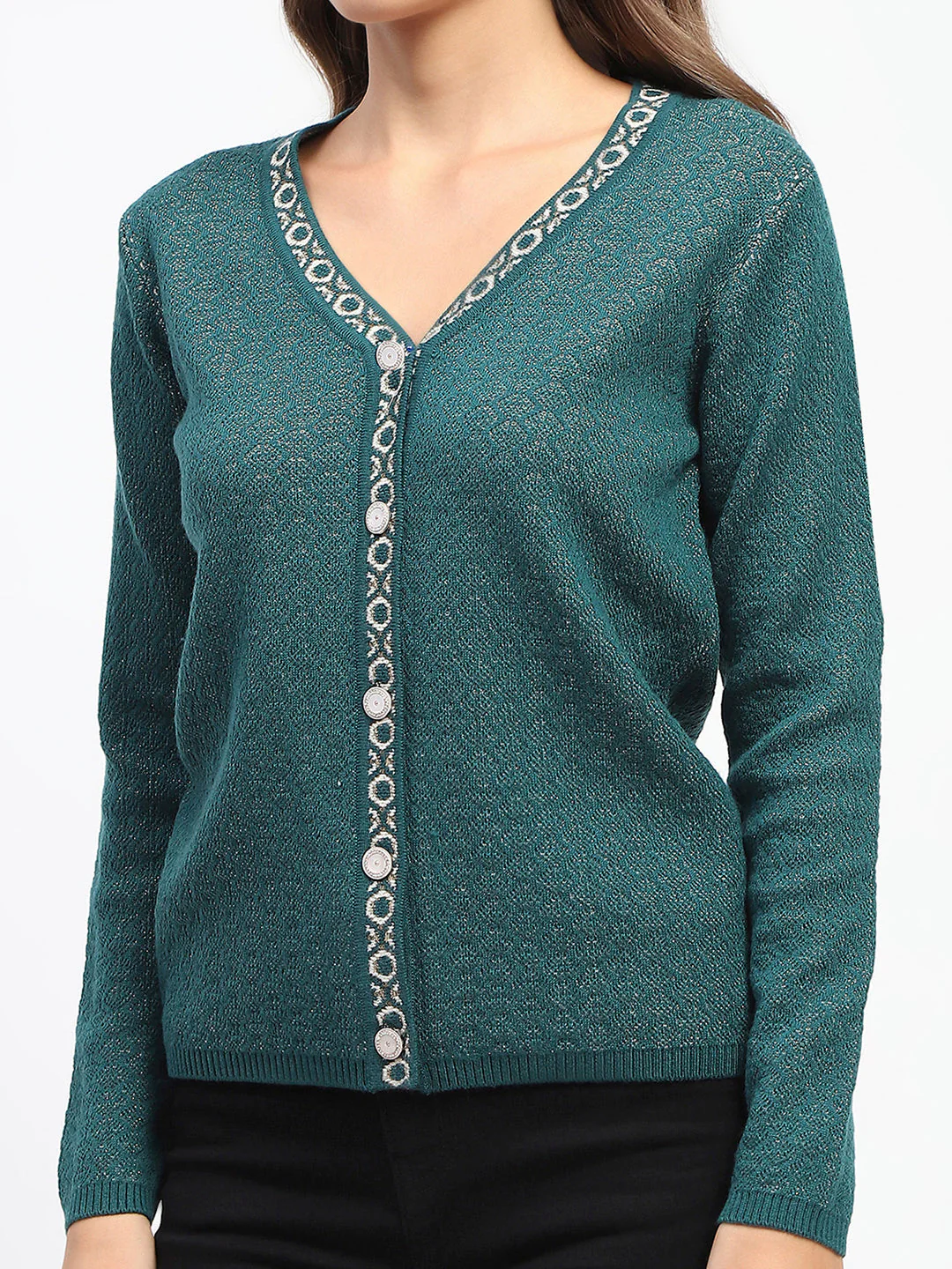 Madame Geometric Pattern V Neck Green Cardigan - Image 6