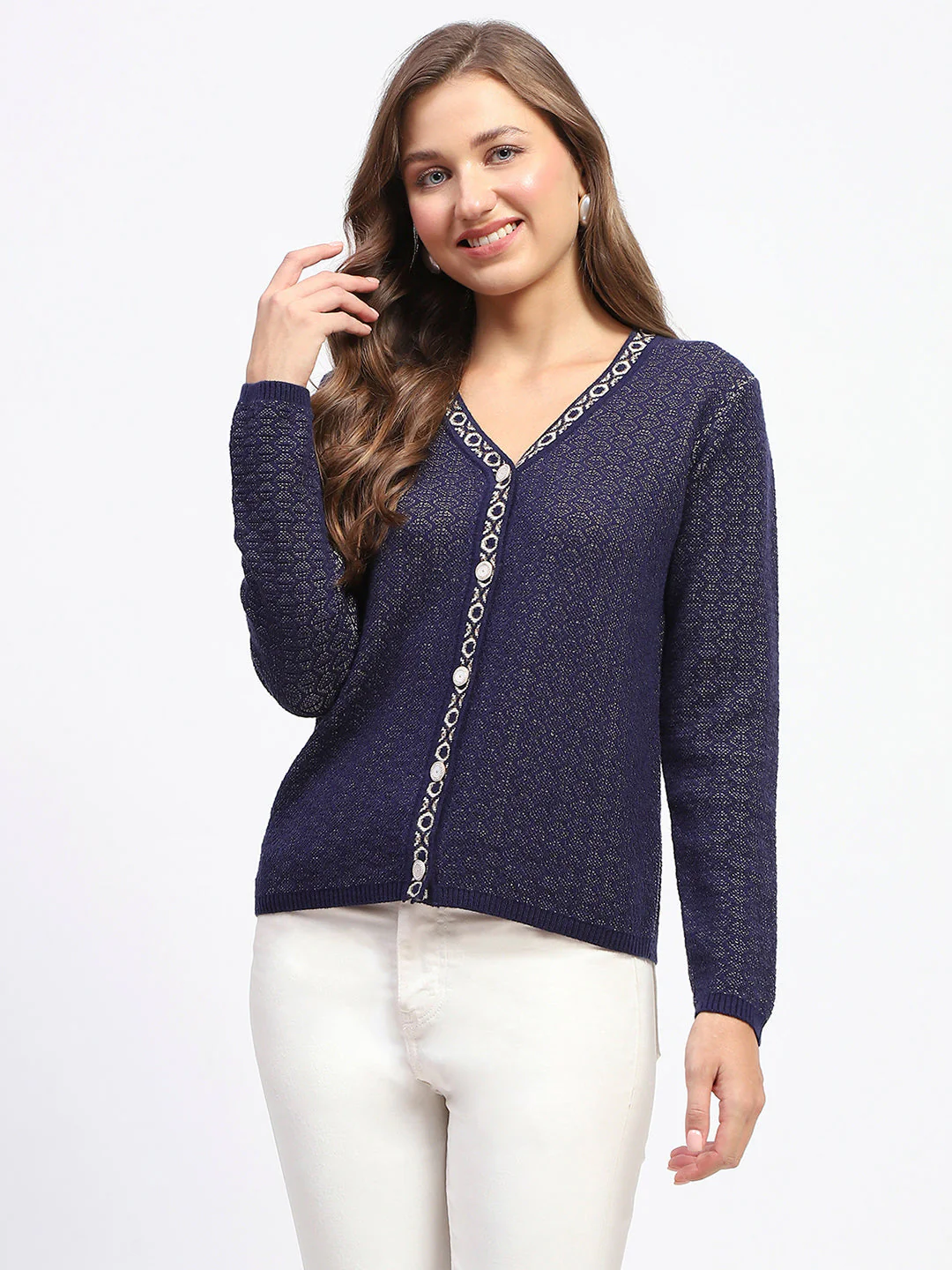 Madame Geometric Pattern V Neck Navy Blue Cardigan - Image 2