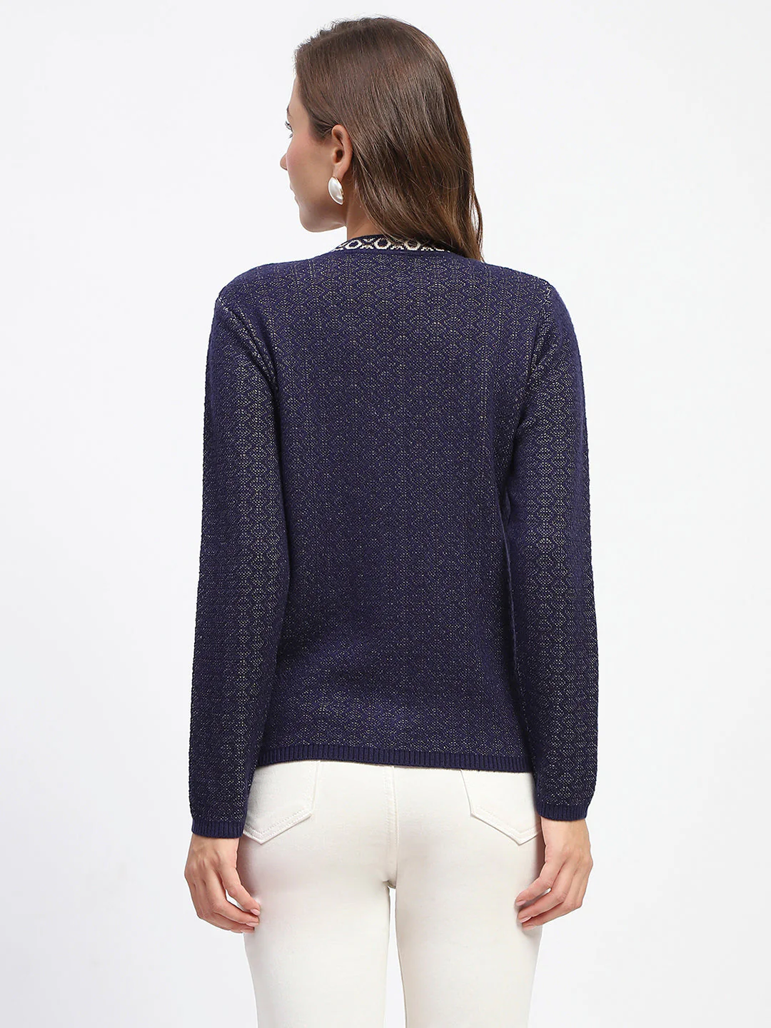 Madame Geometric Pattern V Neck Navy Blue Cardigan - Image 5