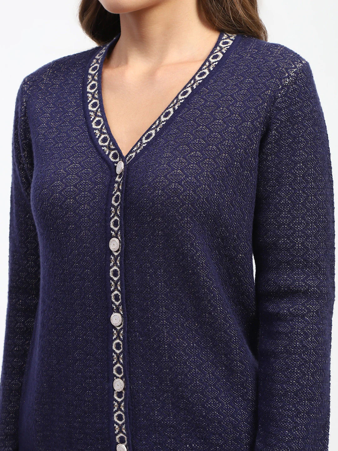 Madame Geometric Pattern V Neck Navy Blue Cardigan - Image 6