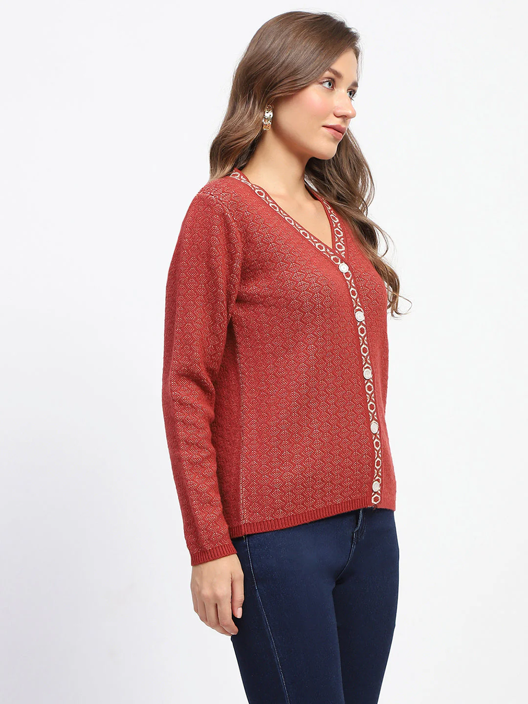 Madame Geometric Pattern V Neck Rust Cardigan - Image 3