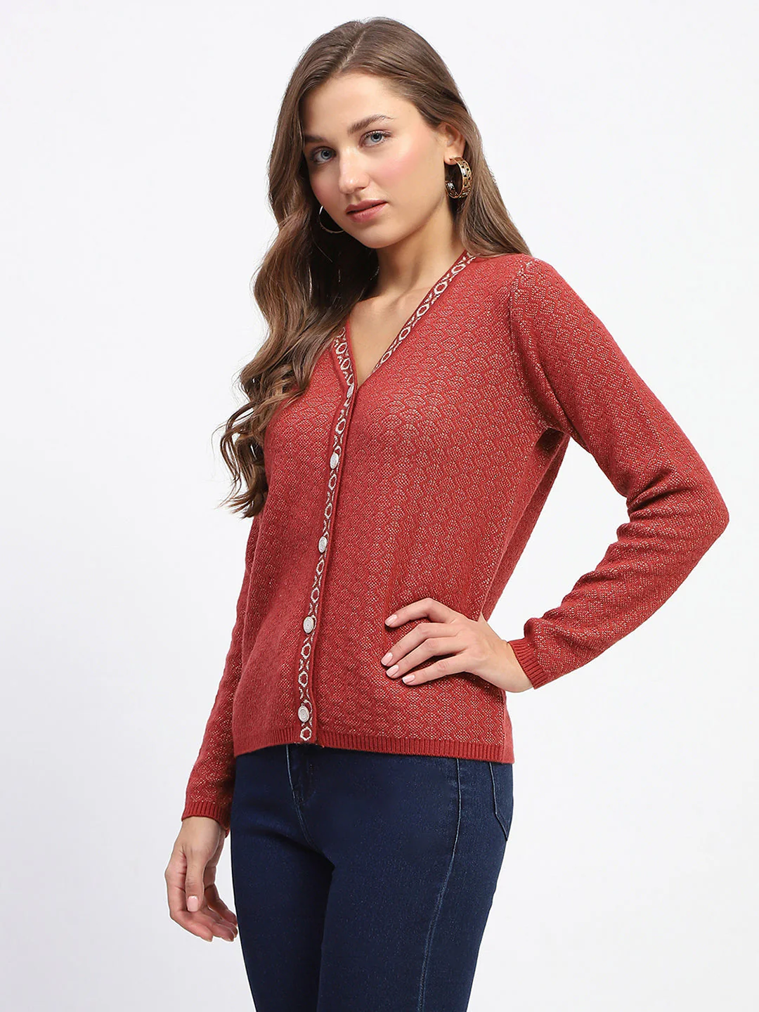 Madame Geometric Pattern V Neck Rust Cardigan - Image 4