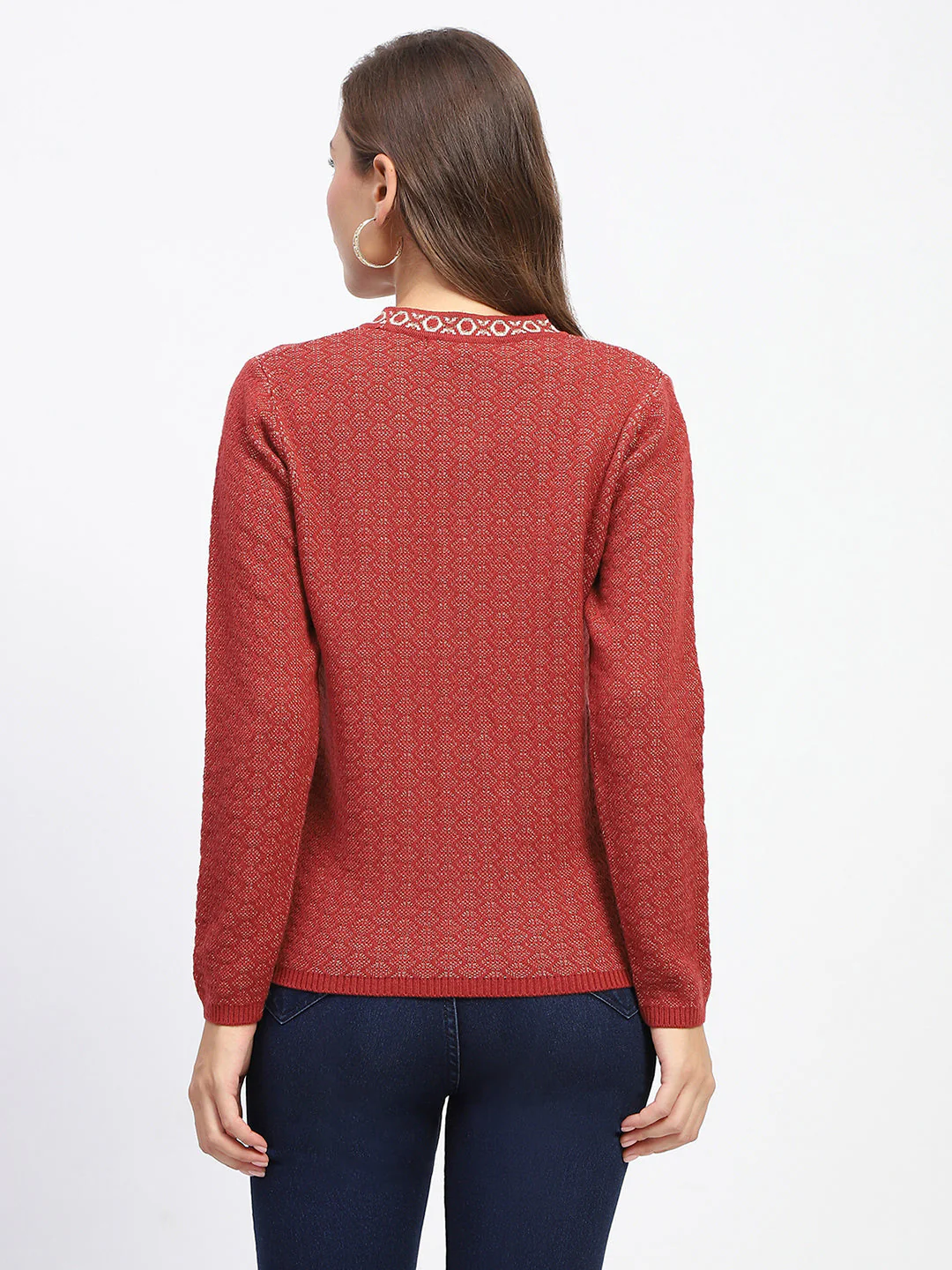 Madame Geometric Pattern V Neck Rust Cardigan - Image 5