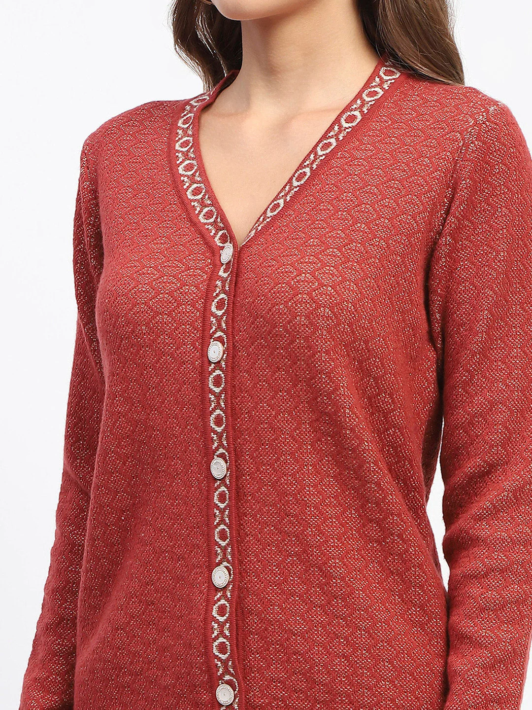 Madame Geometric Pattern V Neck Rust Cardigan - Image 6