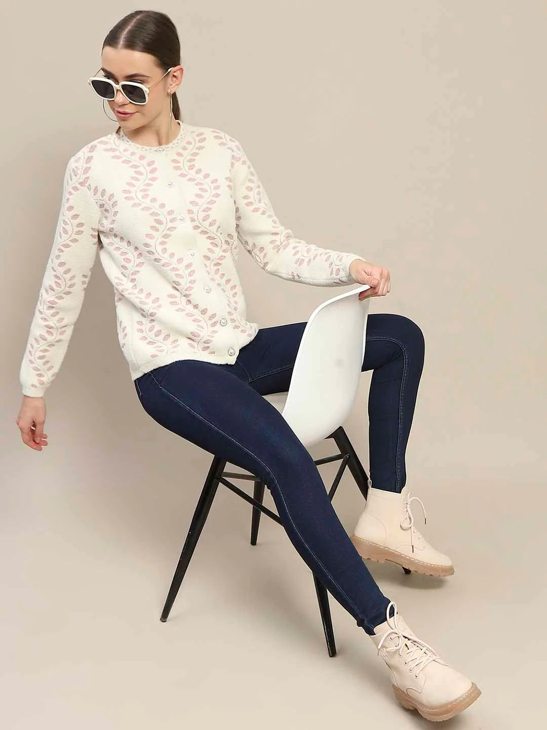 Madame Self Design Pearl Buttoned Off White Cardigan - Image 2