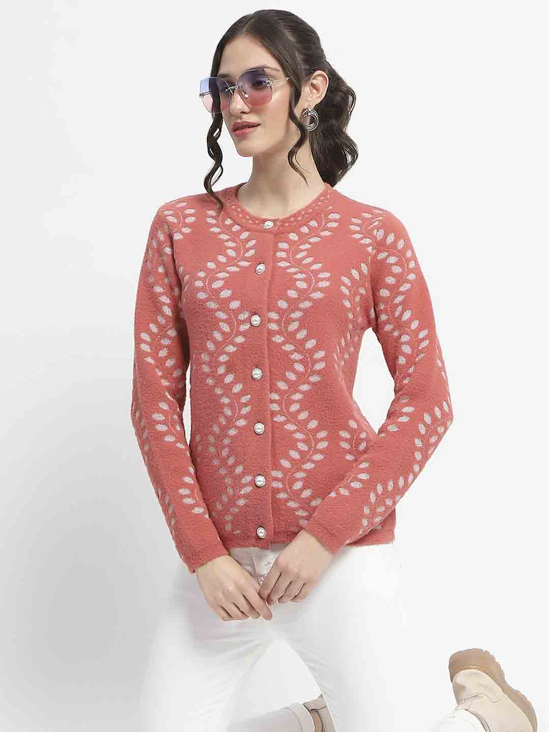 Madame Self Design Full Sleeve Cable Knit Rust Cardigan