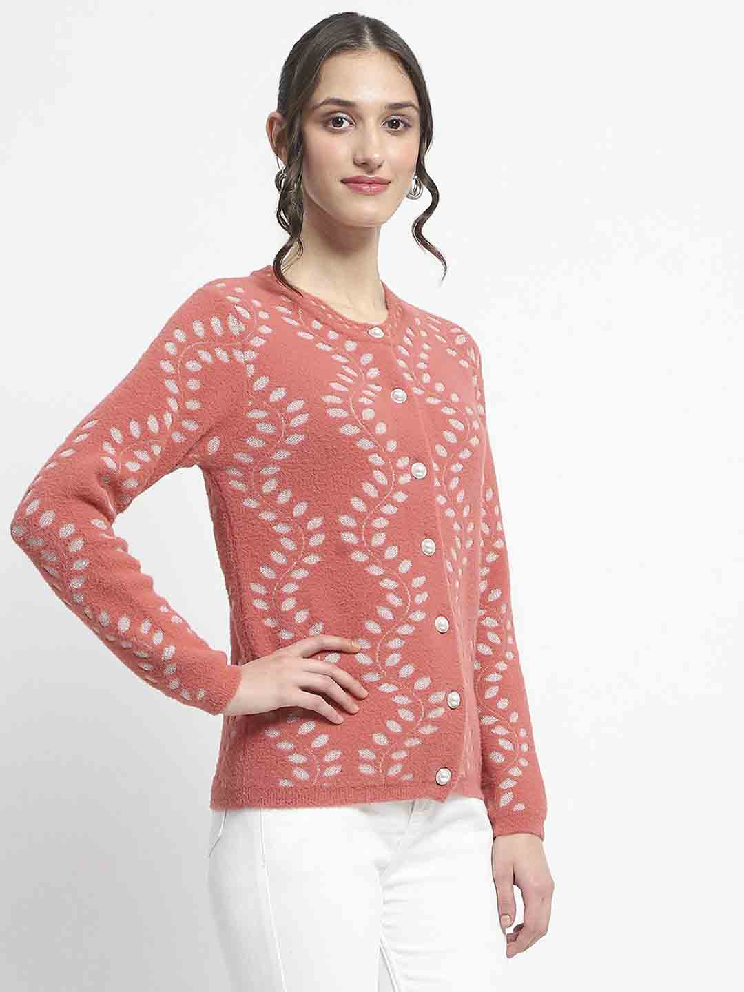 Madame Self Design Full Sleeve Cable Knit Rust Cardigan - Image 4