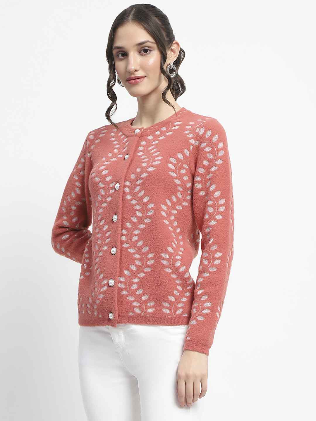 Madame Self Design Full Sleeve Cable Knit Rust Cardigan - Image 5