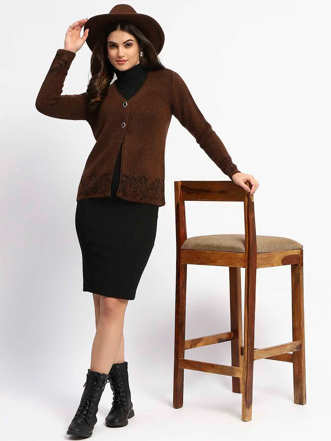 Madame Cable Knit Botanical Print Buttoned Brown Cardigan - Image 2