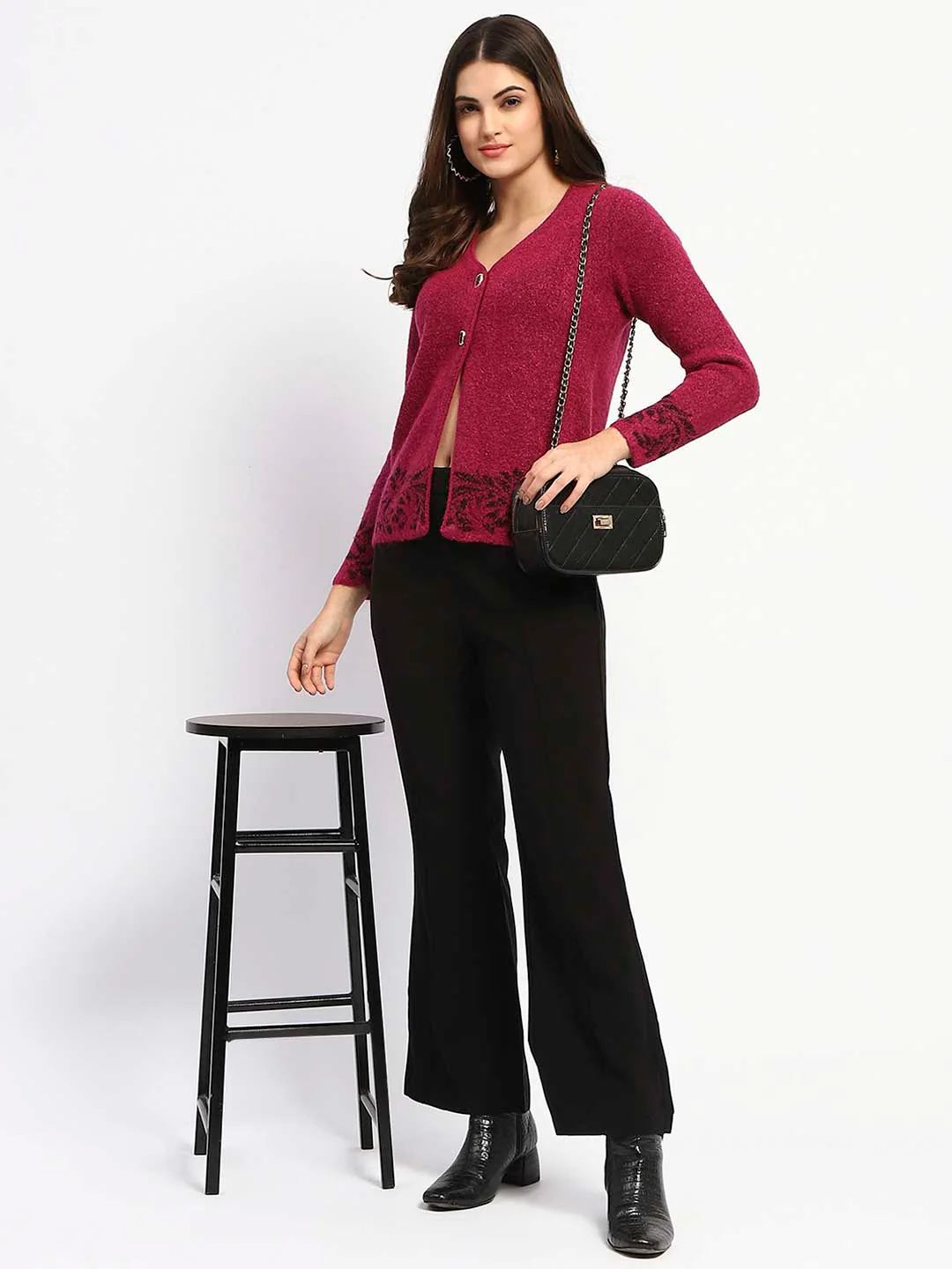 Madame Cable Knit Botanical Print Buttoned Fuschia Cardigan - Image 2