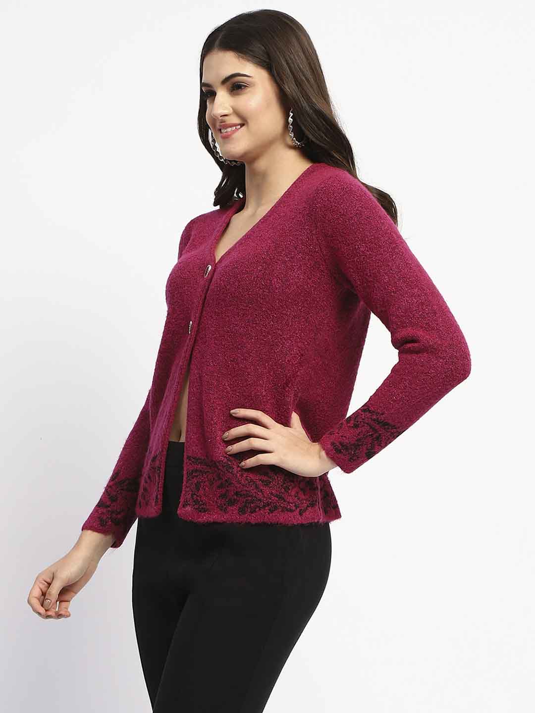 Madame Cable Knit Botanical Print Buttoned Fuschia Cardigan - Image 3
