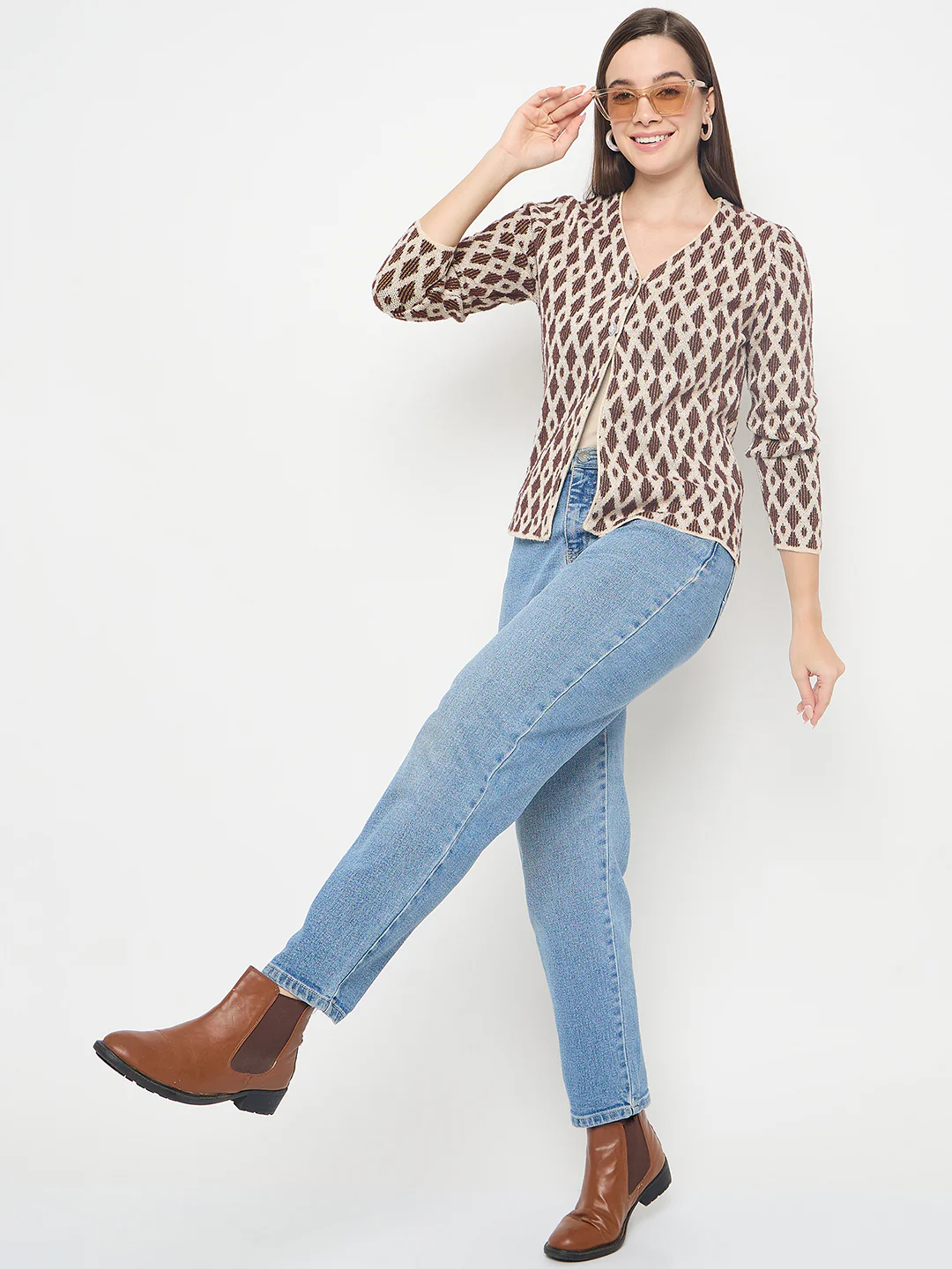 Madame Geometric Print Button Up Brown Cardigan - Image 2