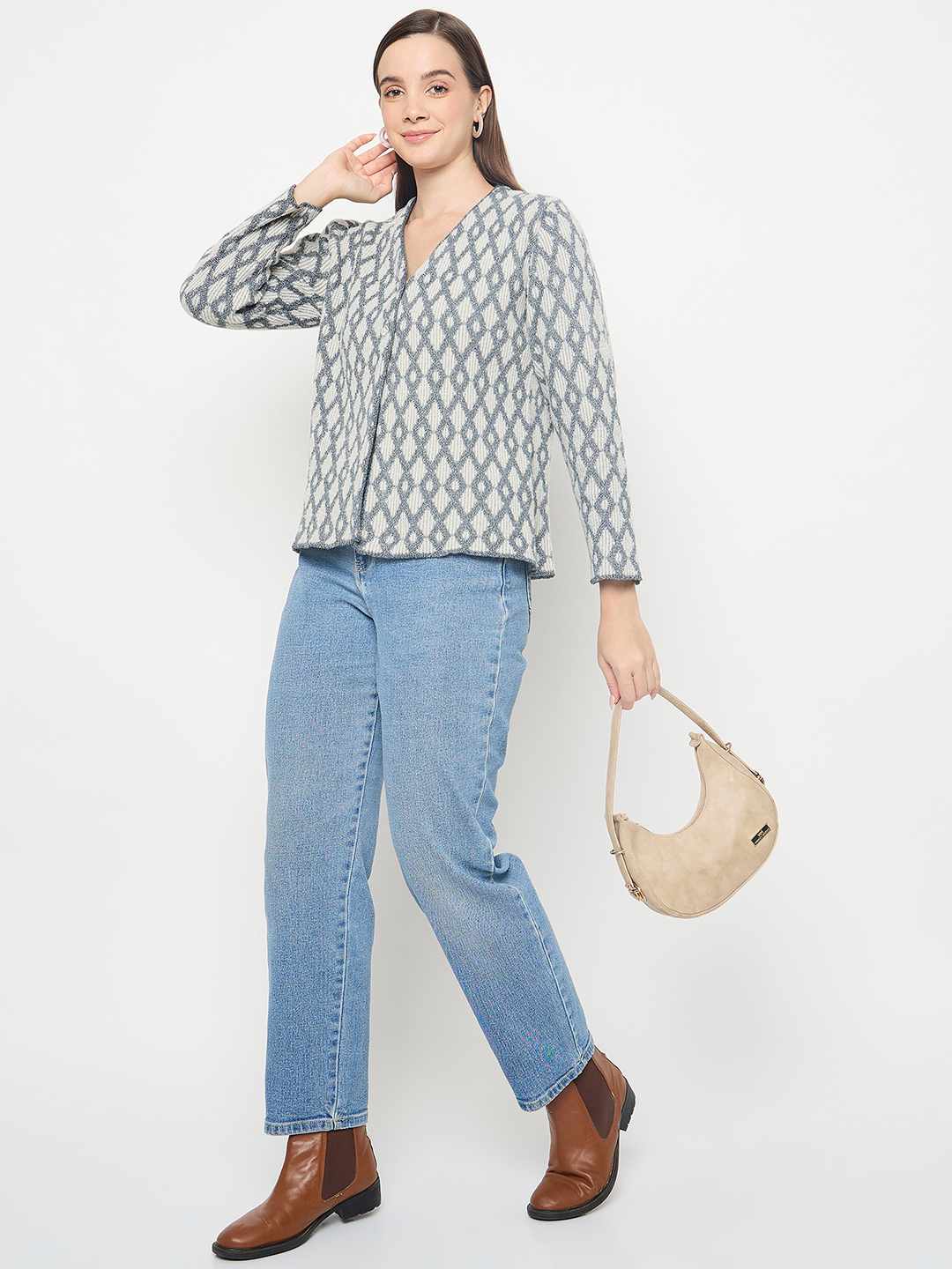 Madame Geometric Print Button Up Off White Cardigan - Image 2