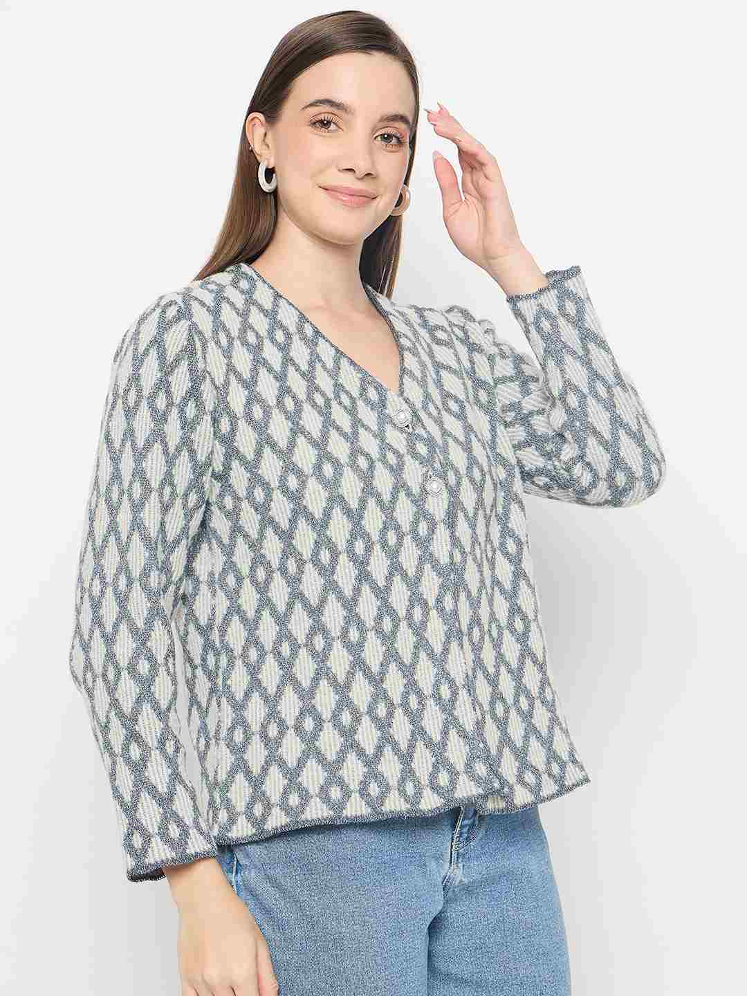 Madame Geometric Print Button Up Off White Cardigan - Image 4