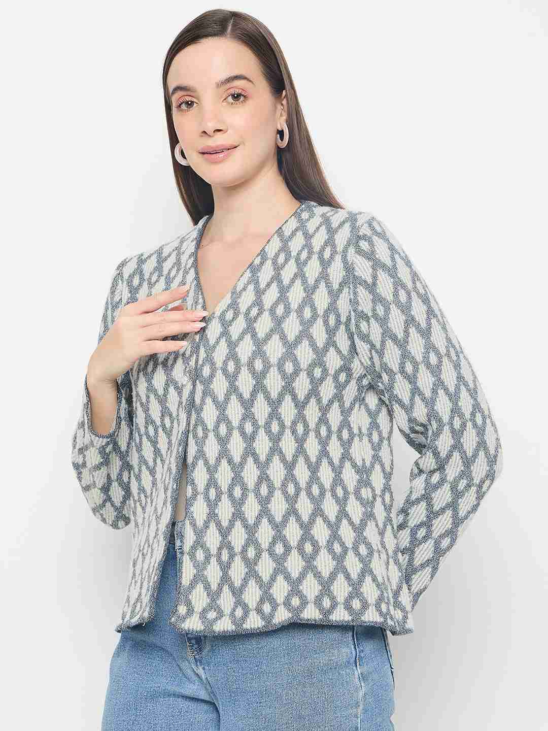 Madame Geometric Print Button Up Off White Cardigan - Image 5