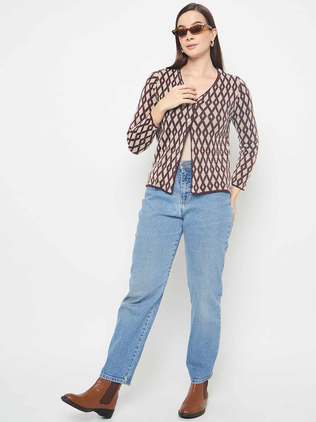 Madame Geometric Print Button Up Wine Red Cardigan - Image 2