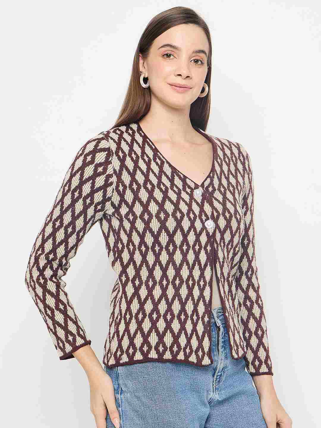 Madame Geometric Print Button Up Wine Red Cardigan - Image 4