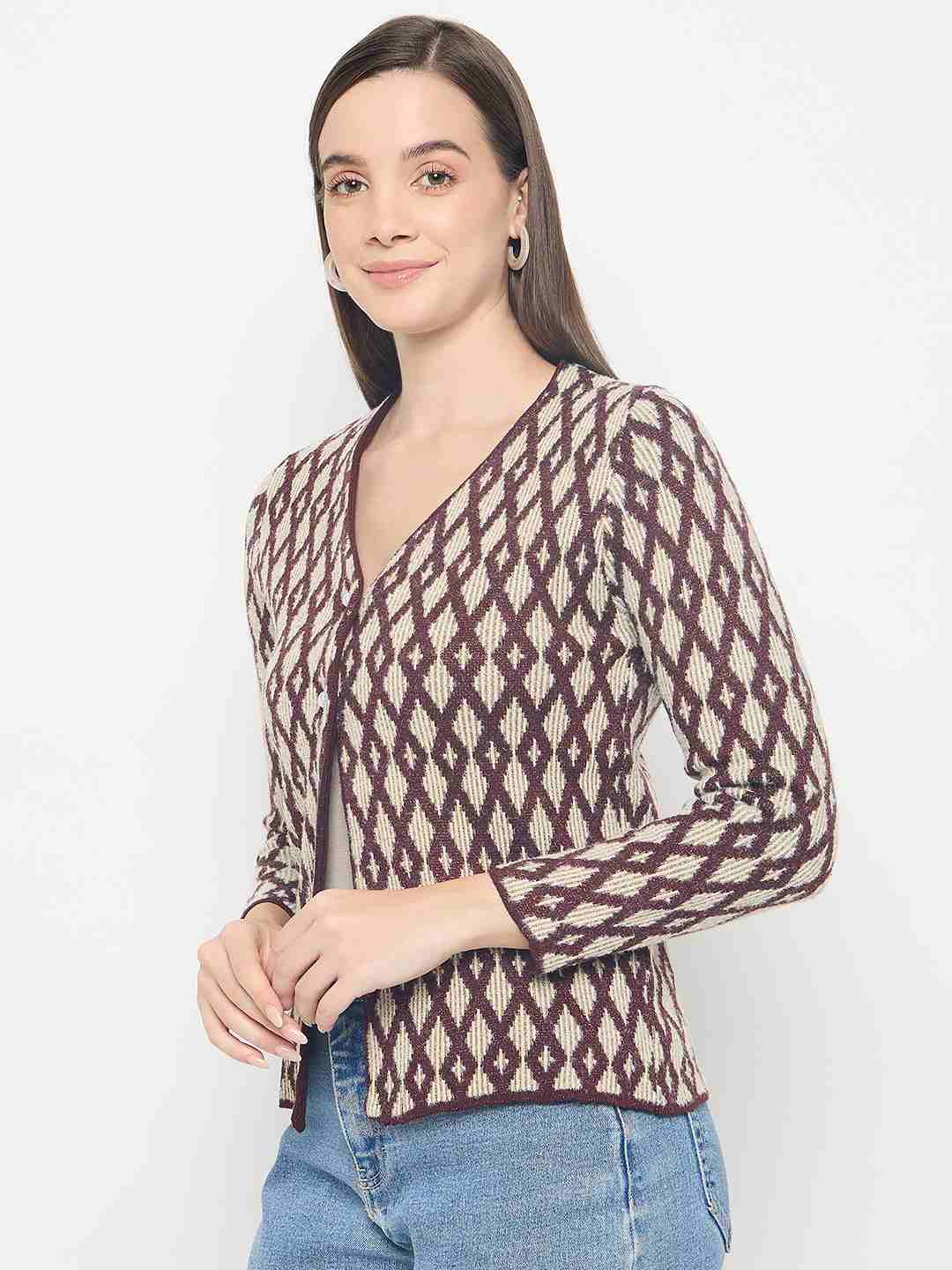 Madame Geometric Print Button Up Wine Red Cardigan - Image 5