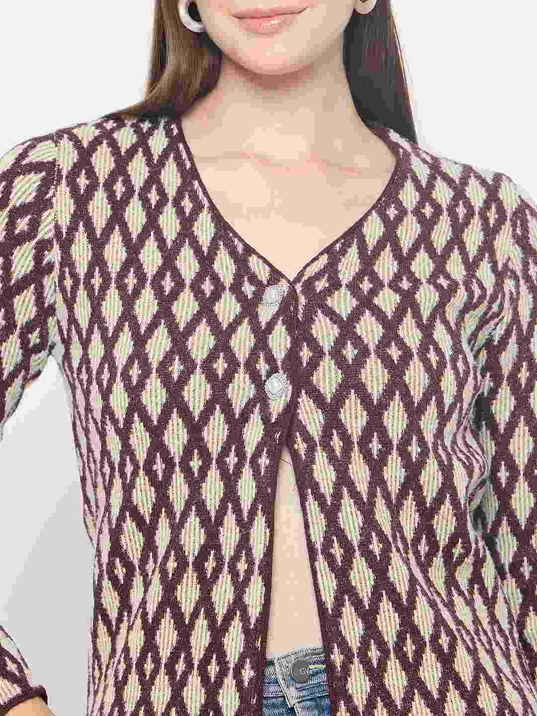 Madame Geometric Print Button Up Wine Red Cardigan - Image 7