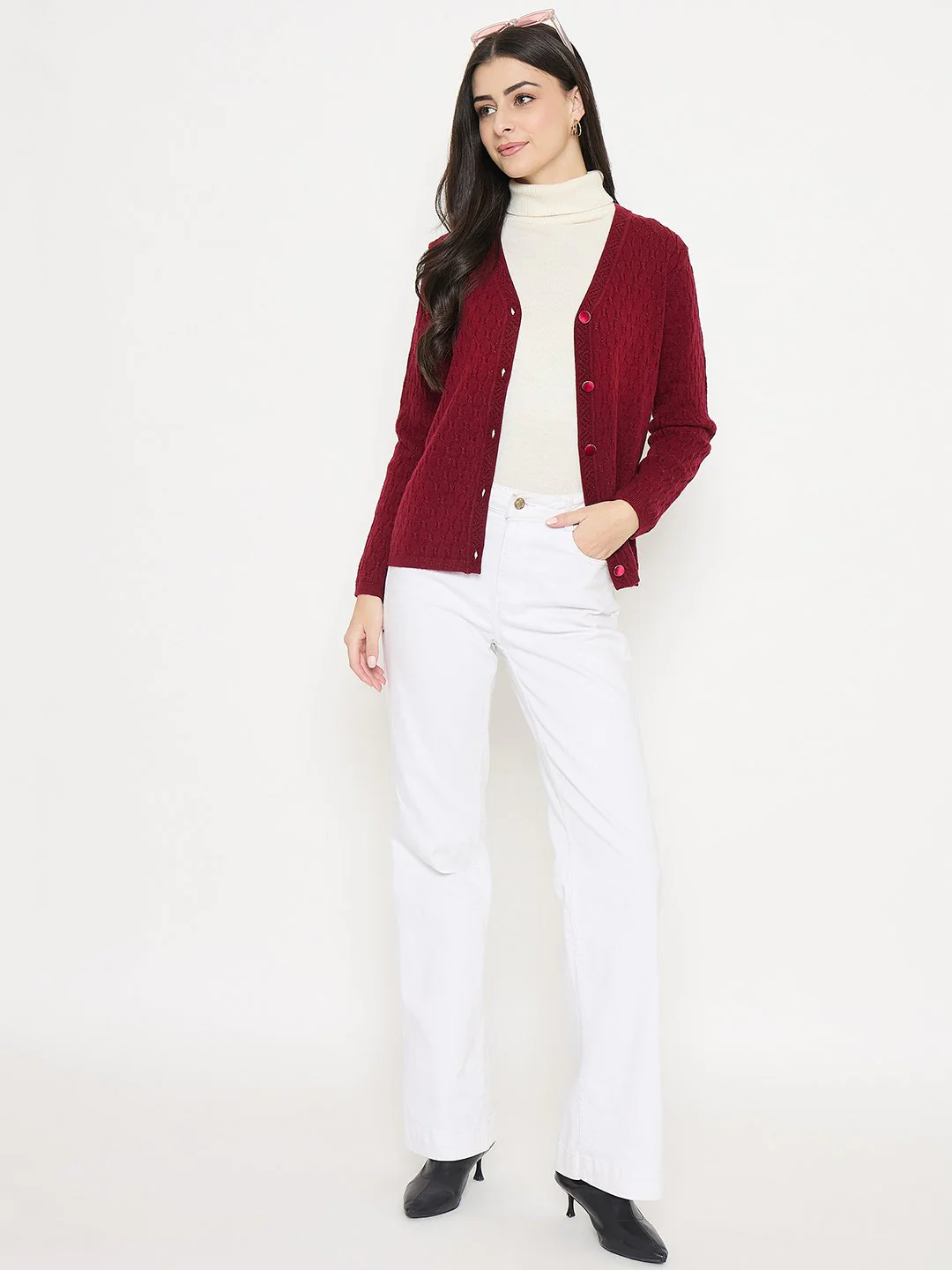 Madame Cable Knit Maroon Cardigan - Image 2