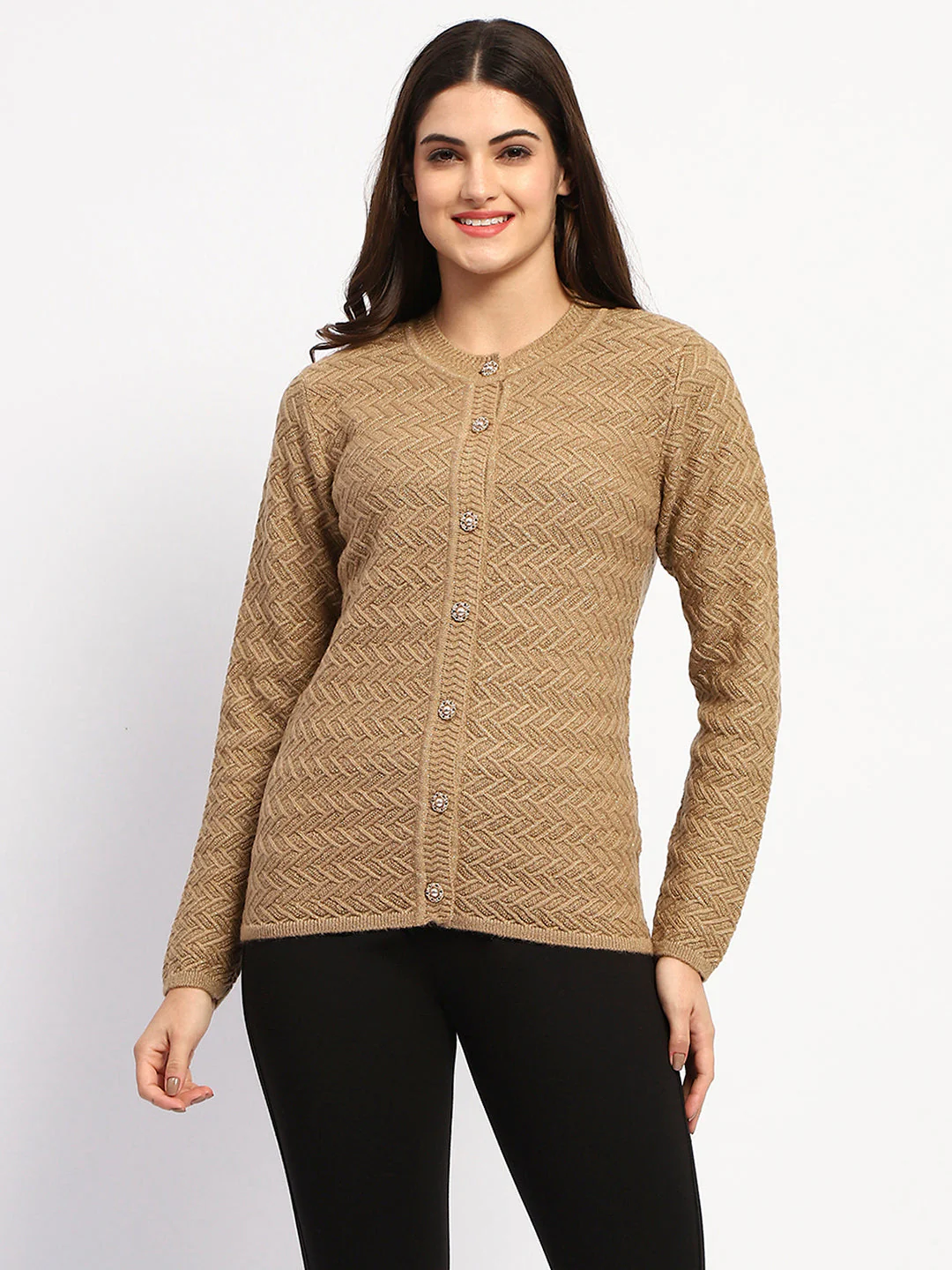 Madame Camel Cable Knit Button Down Cardigan - Image 2