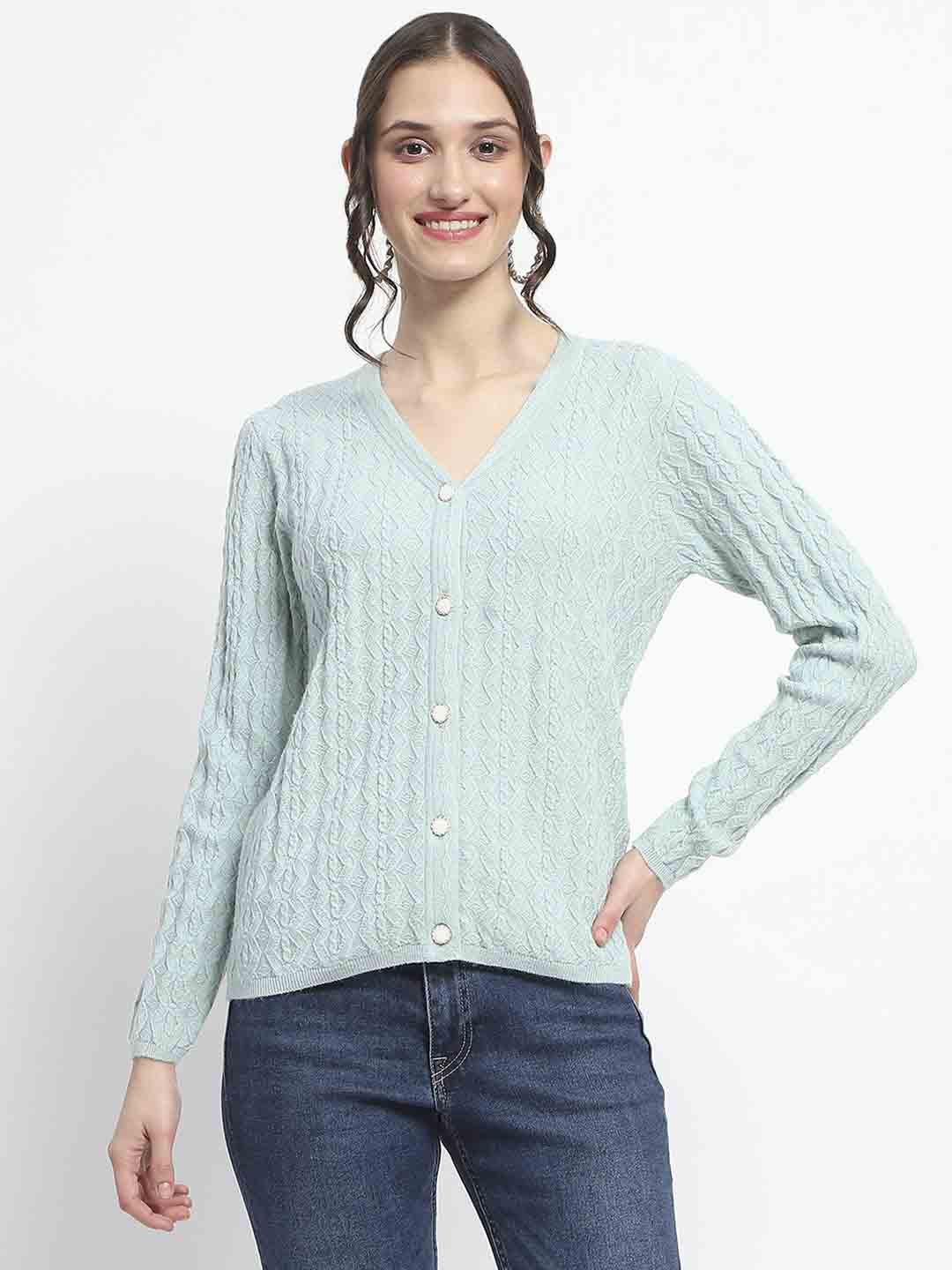 Madame Cable Knit Self Design Solid Mint Green Acrylic Cardigan - Image 3