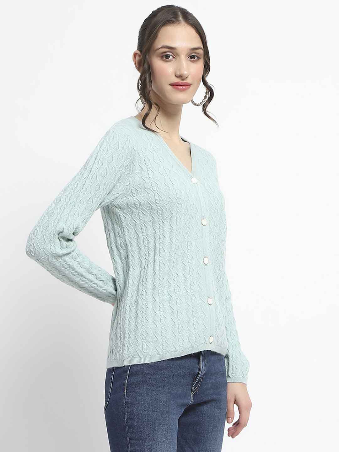 Madame Cable Knit Self Design Solid Mint Green Acrylic Cardigan - Image 4