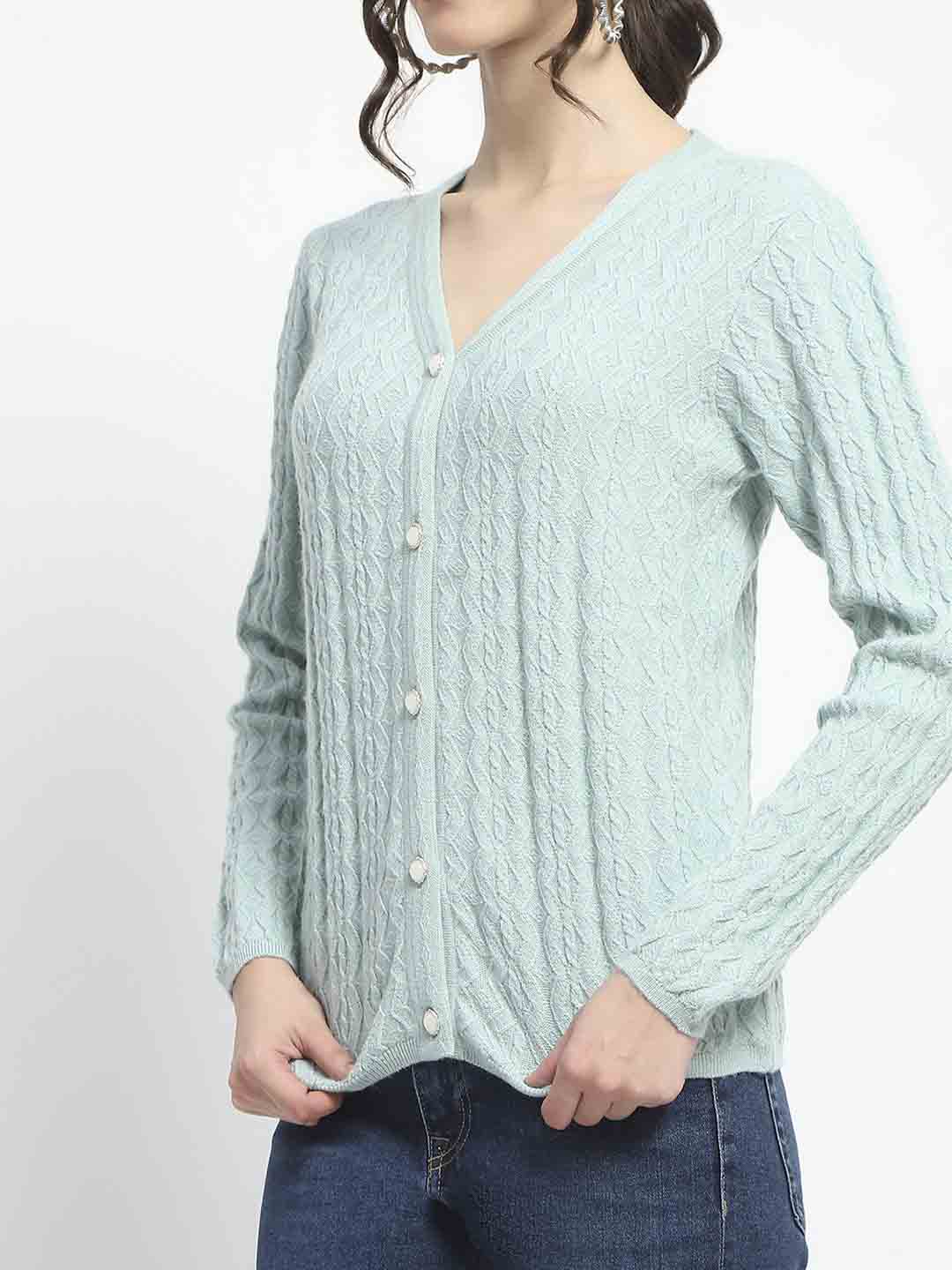 Madame Cable Knit Self Design Solid Mint Green Acrylic Cardigan - Image 7