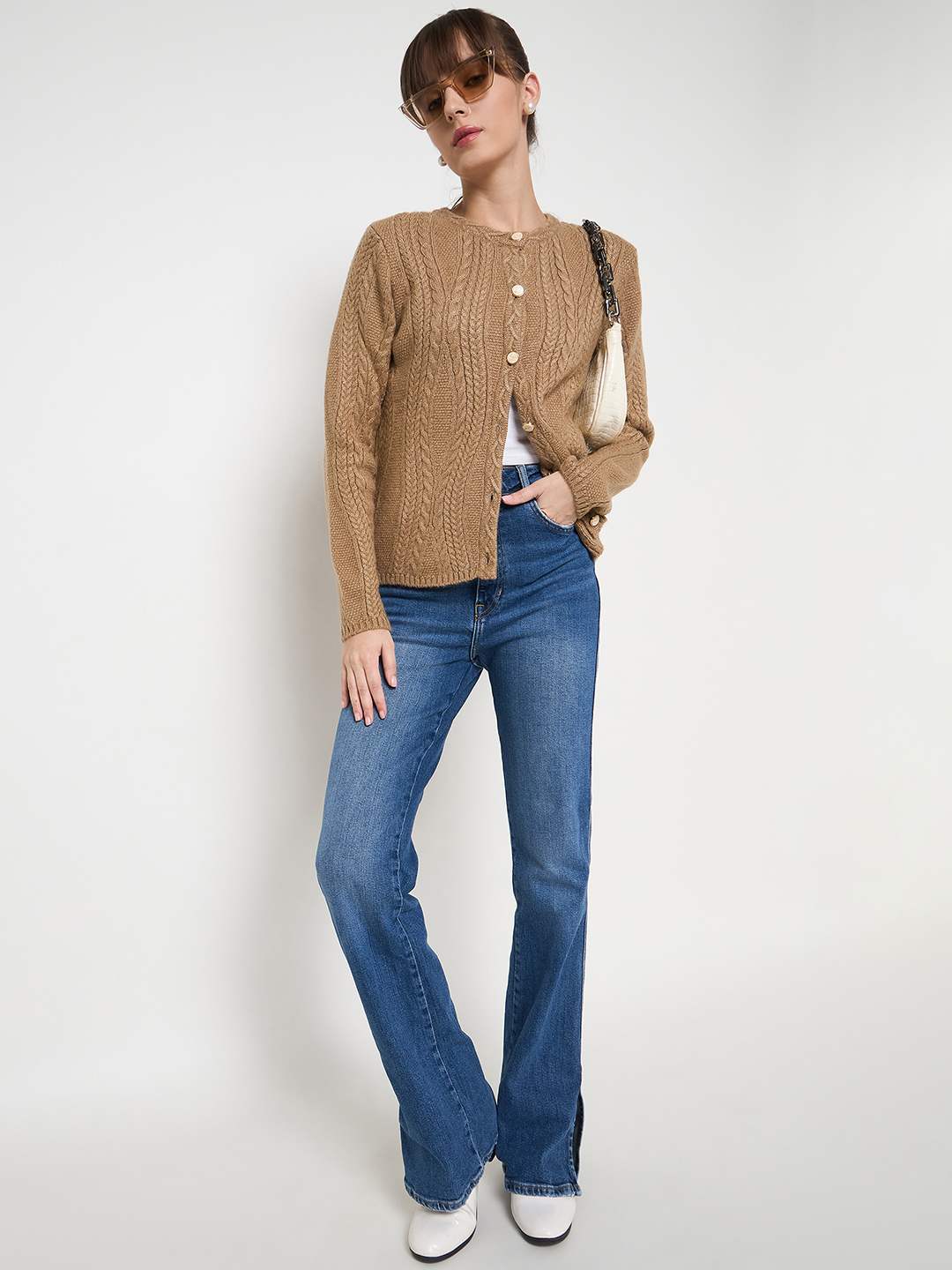 Madame Cable Knit Camel Acrylic Blend Cardigan - Image 2