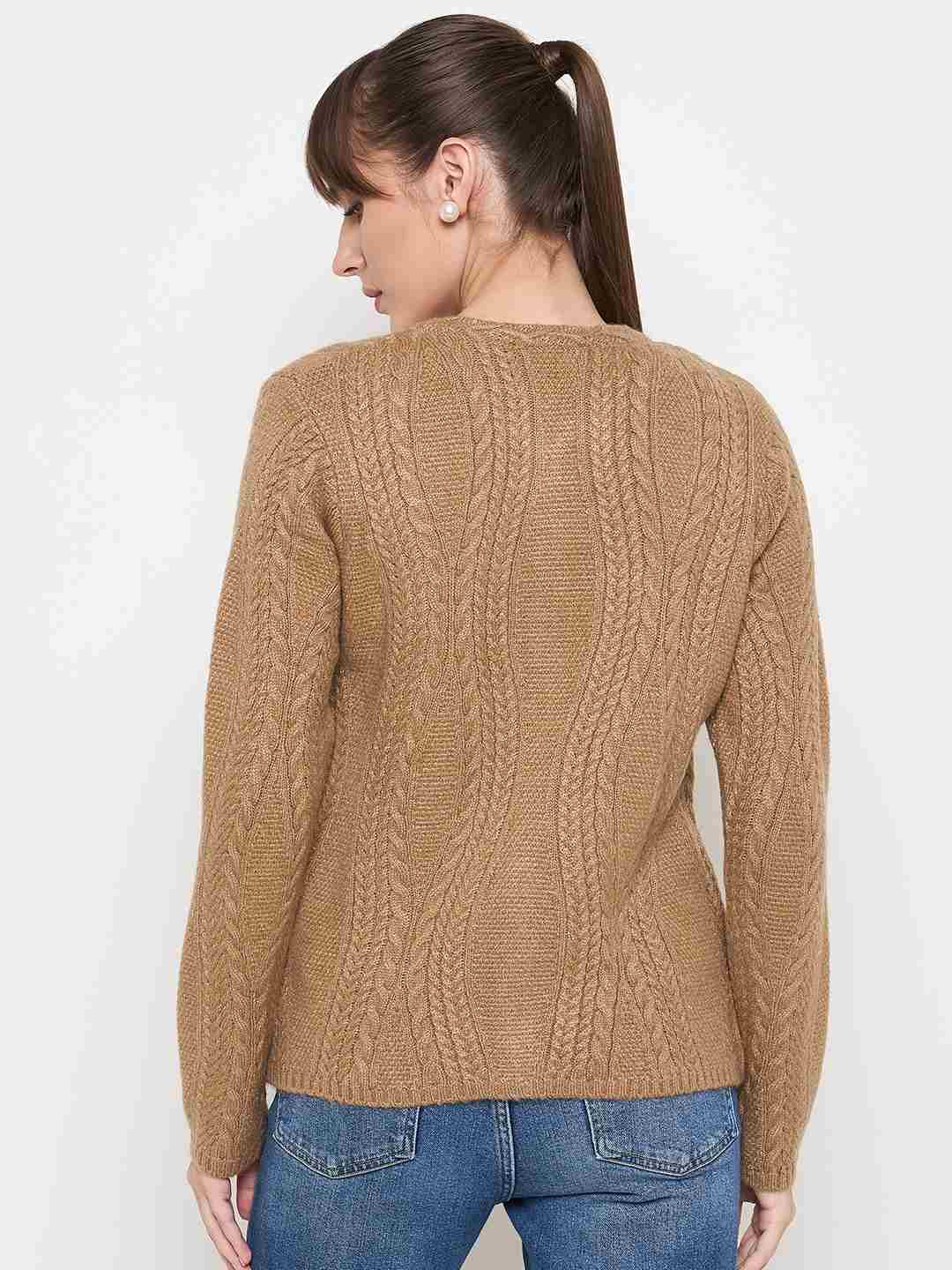Madame Cable Knit Camel Acrylic Blend Cardigan - Image 6