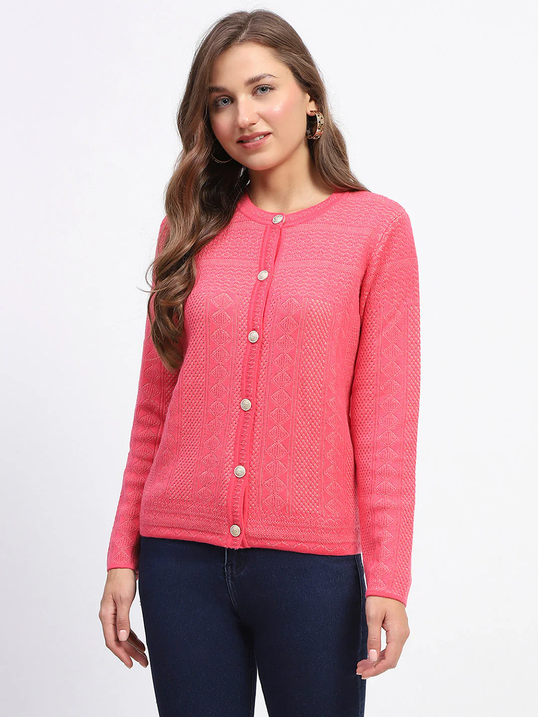 Madame Self-Designed Crew Neck Button Down Coral Cardigan - Image 2