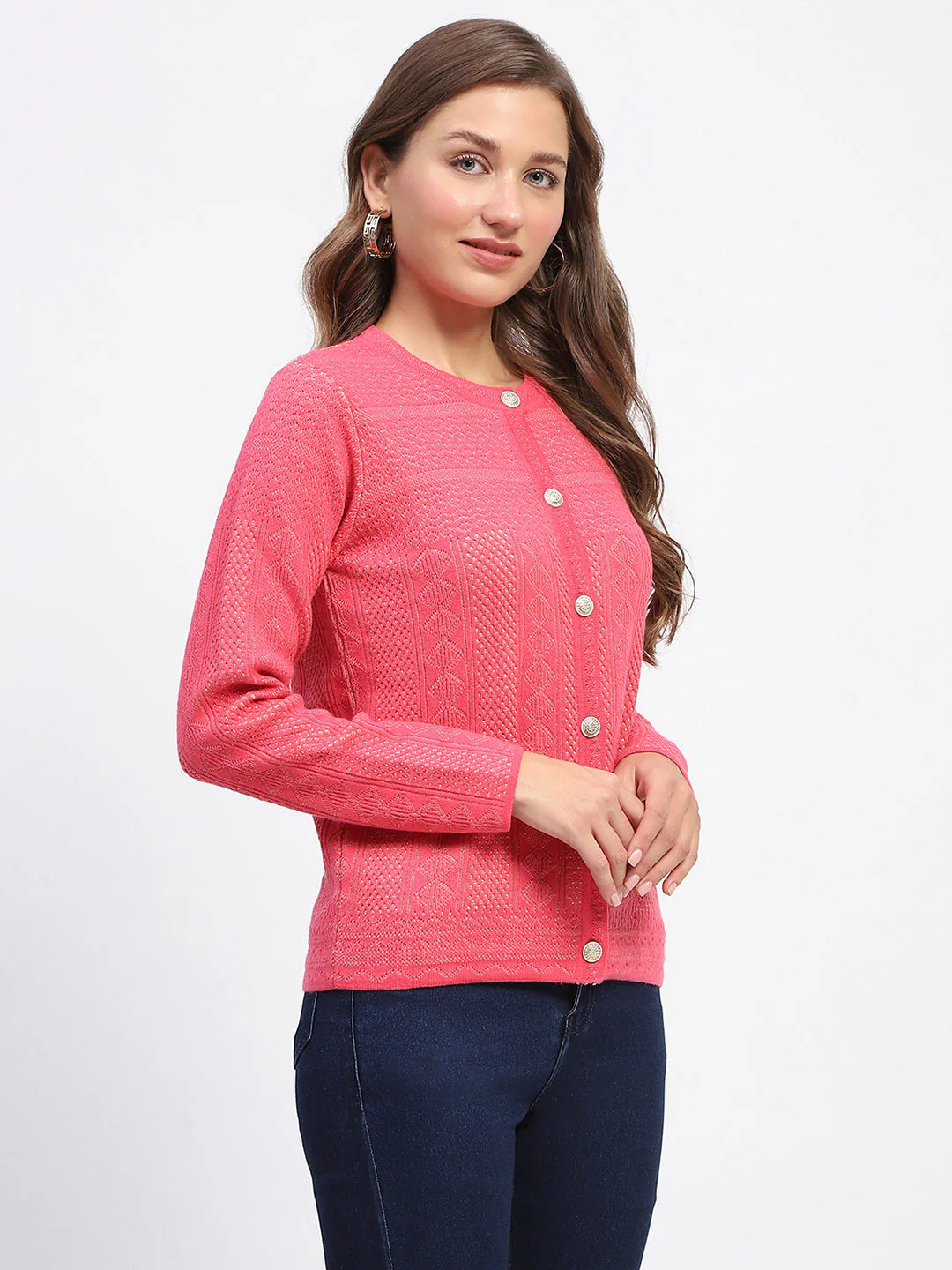 Madame Self-Designed Crew Neck Button Down Coral Cardigan - Image 3