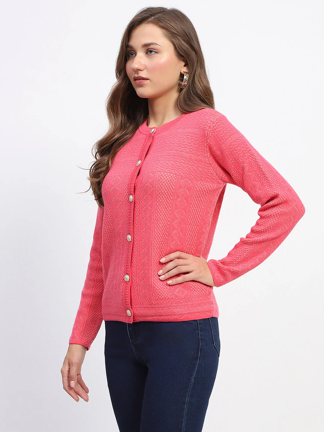 Madame Self-Designed Crew Neck Button Down Coral Cardigan - Image 4