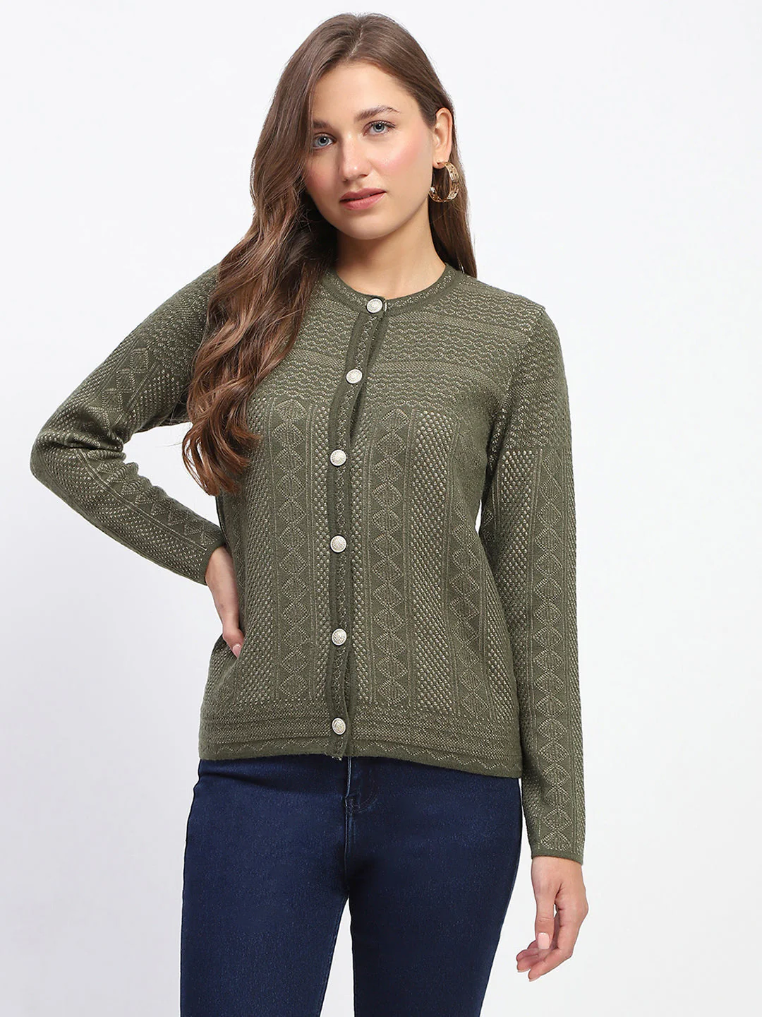 Madame Self-Designed Crew Neck Button Down Olive Green Cardigan - Image 2