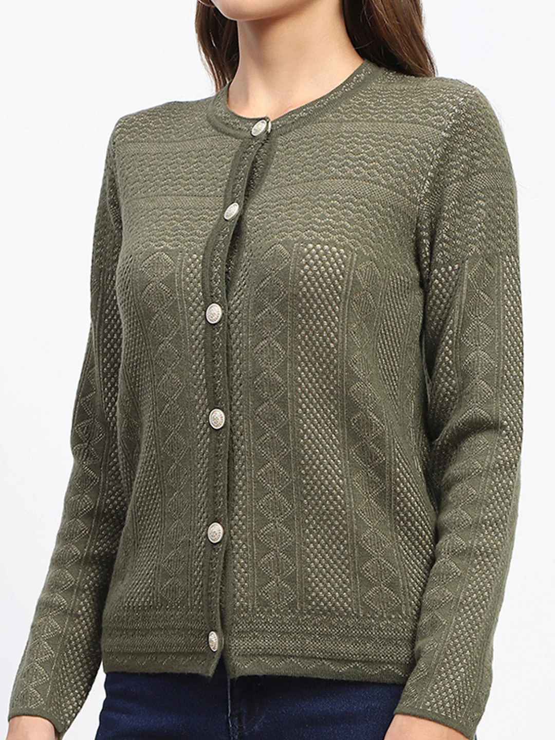 Madame Self-Designed Crew Neck Button Down Olive Green Cardigan - Image 6