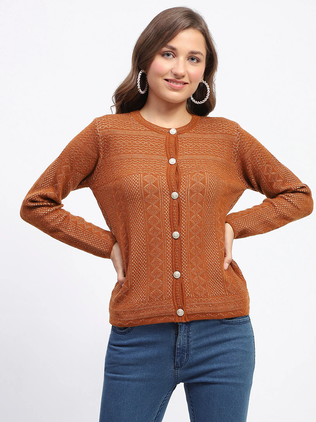 Madame Self-Designed Crew Neck Button Down Tan Cardigan - Image 2
